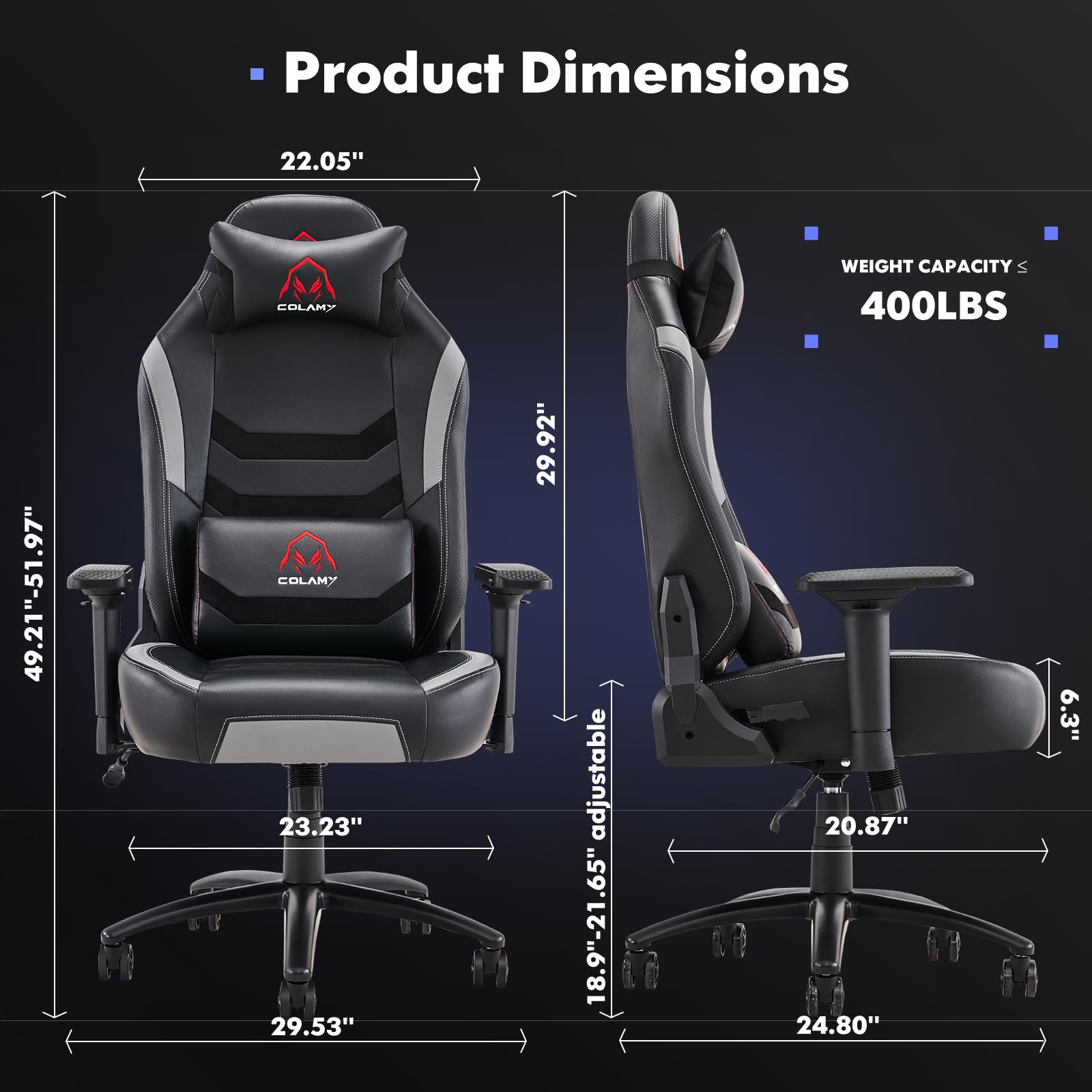 COLAMY Big and Tall Gaming Chair 400lbs - Ergonomic High Back Office Chair with Wide Seat for Adults, Heavy Duty Computer Gamer Chair - Perfect for Home Office, Gaming Setup, and Workspace (Black/Grey)