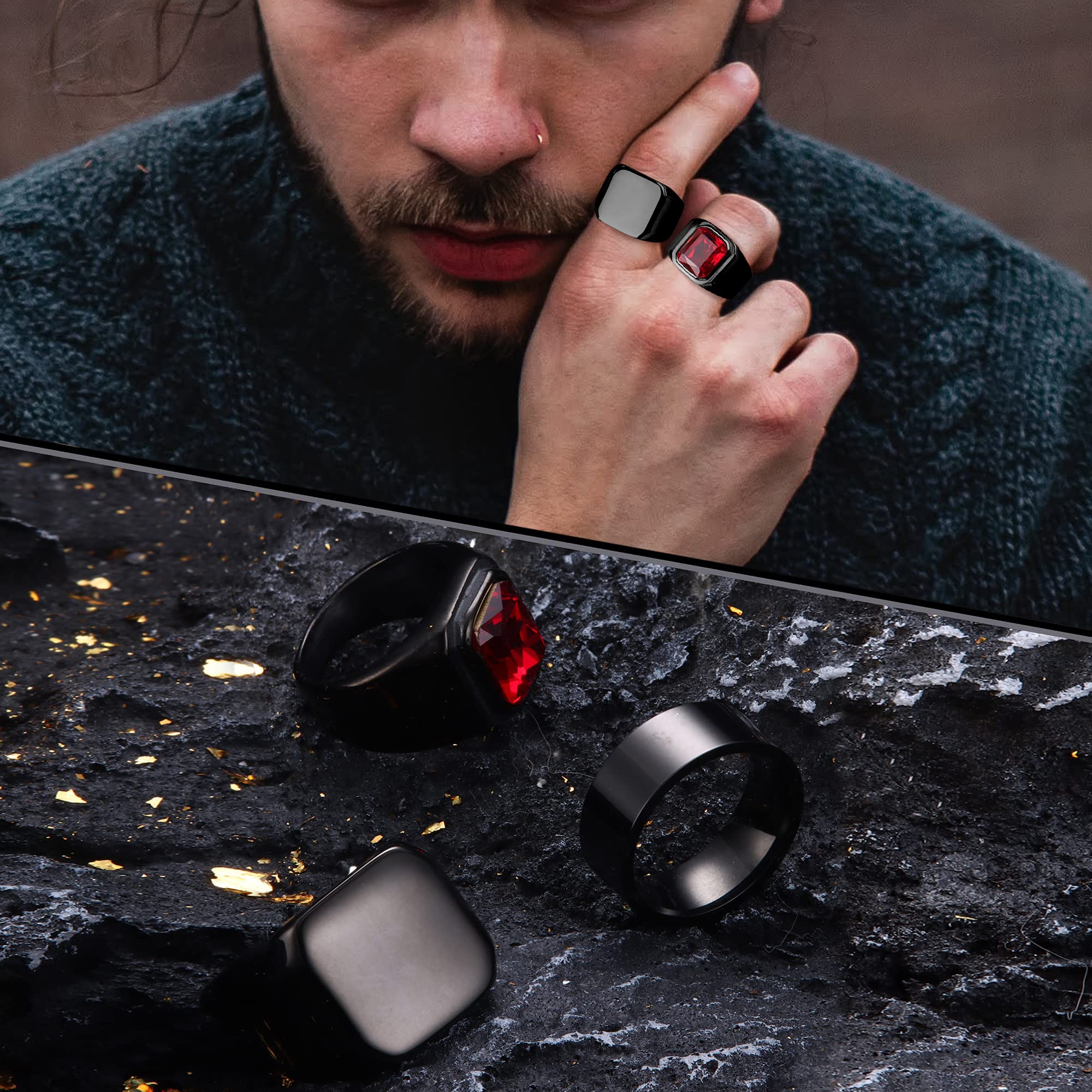 Dochais 3PCS Men's Stainless Steel Signet Rings - Square Agate Onyx Biker Rings, Solid Polished Retro Band Rings Set (Size 7-13) - Perfect for Casual Wear, Gifts & Biker Fashion Accessories