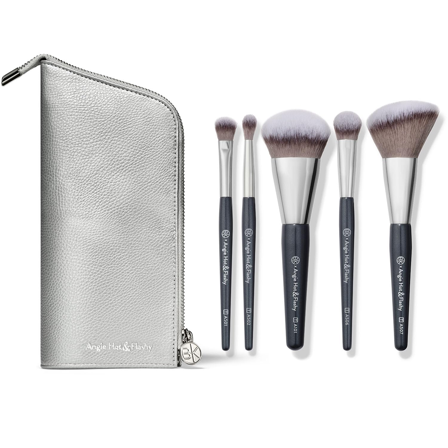 BK BEAUTY BRUSHES - Angie Hot & Flashy Travel Makeup Brush Set with Pouch | Foundation, Concealer, Bronzer, Blush & Highlighter Brushes for Liquid & Cream Makeup | Perfect for Travel, Everyday Makeup & Professional Use
