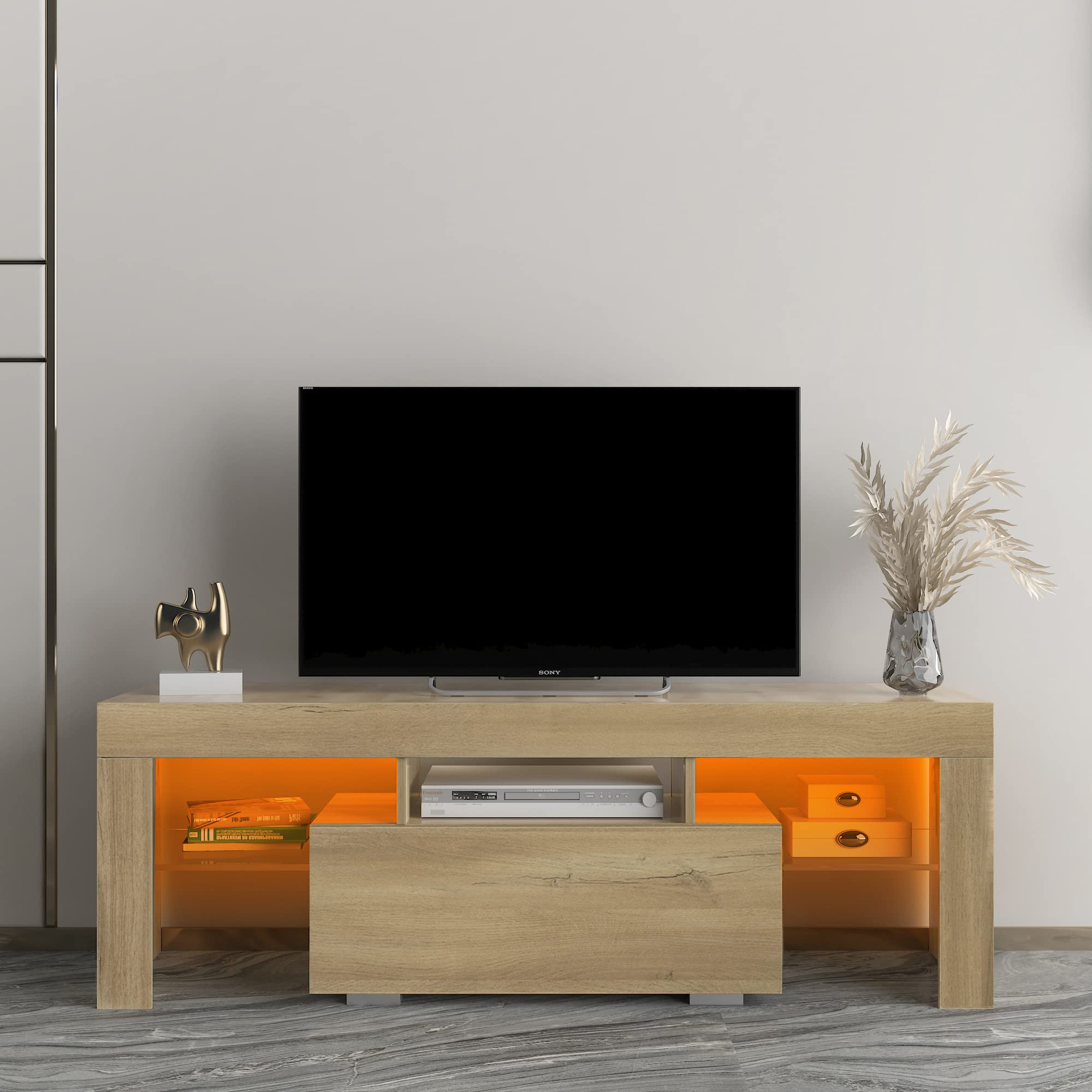 Modern TV Stand with LED RGB Lights - Wooden Entertainment Center for Flat Screen TVs & Gaming Consoles - Perfect for Living Room, Lounge & Home Theater Setup