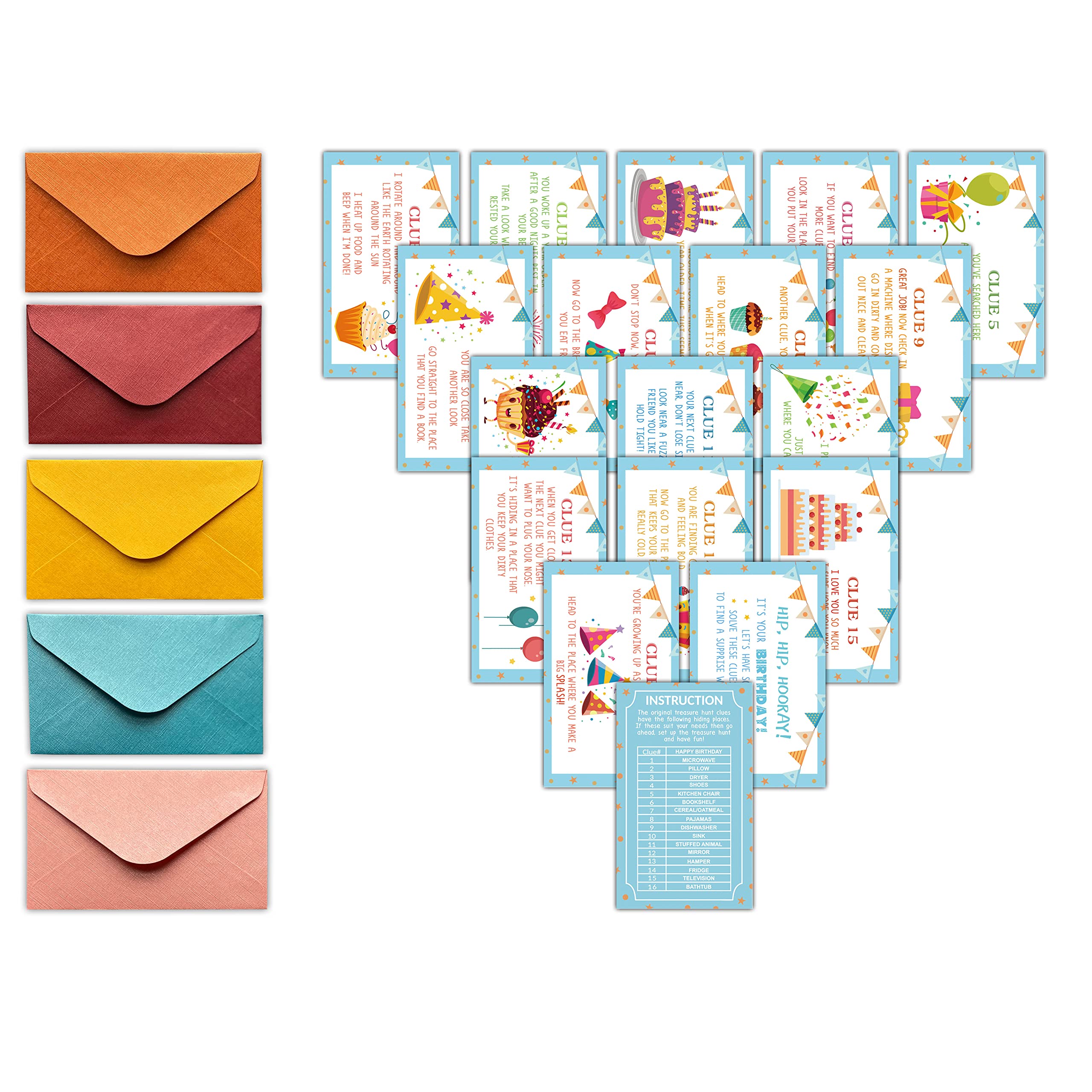 Birthday Treasure Hunt Clues Game Cards - 18 Colorful Scavenger Hunt Cards with Envelopes for Indoor Party Games, Kids Birthday Activities & Family Fun (A01) | Perfect for Birthday Parties, Team Building & Family Game Nights