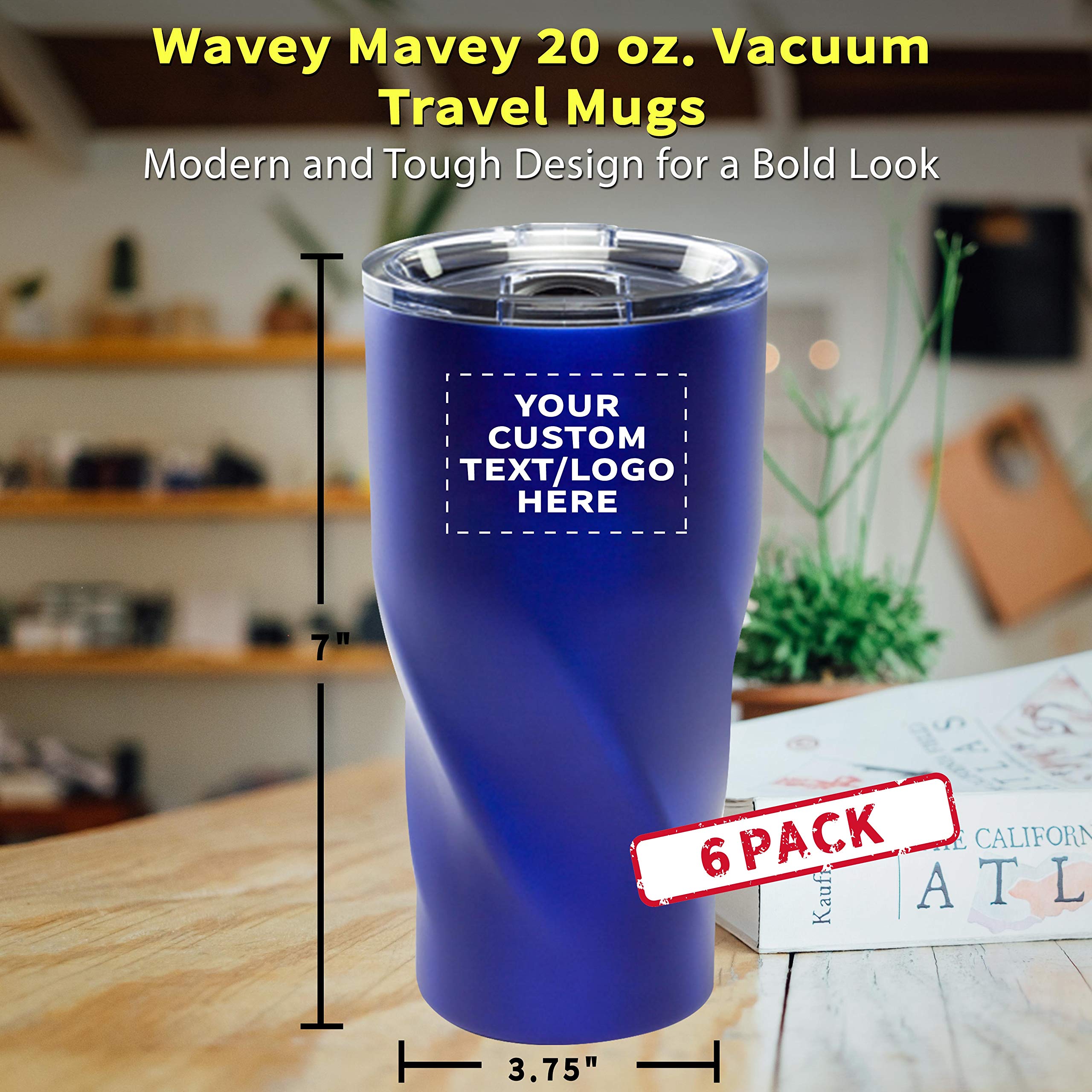 Custom 20 oz. Wavey Mavey Vacuum Insulated Travel Mugs - 6 Pack with Personalized Text & Logo (Blue) - Perfect for Coffee, Tea & Cold Drinks at Work, Gym or Road Trips