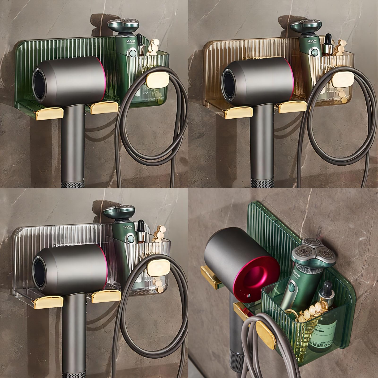 DASITON Wall Mounted Hair Dryer Holder - Bathroom Blow Dryer Stand & Storage Organizer for Hair Tools, Towels, Makeup, Curling Irons & Toiletries (Clear Green) - Perfect for Small Bathroom & Vanity Organization