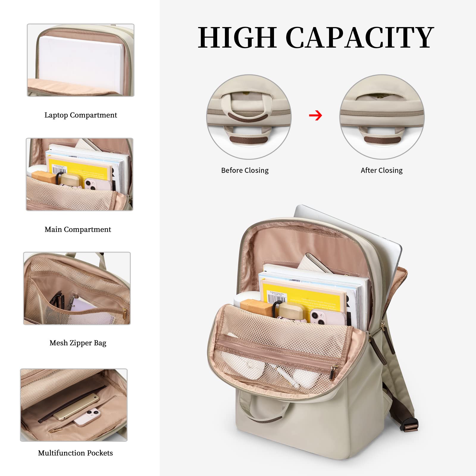 Anti-Theft Slim Travel Laptop Backpack for Women - Durable 15.6 Inch Business Computer Bag, College Bookbag - Perfect for Work, Commuting & Airplane Travel (Apricot)