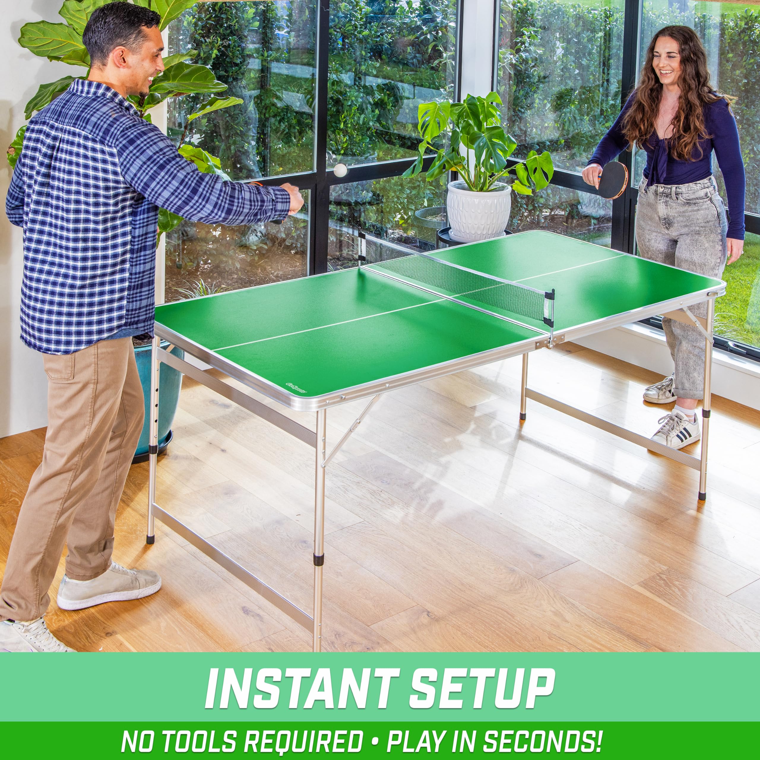 GoSports 6x3 ft Adjustable Height Mid-Size Ping Pong Table Set - Indoor/Outdoor Use for Home, Office, or Game Room (Green or Blue)