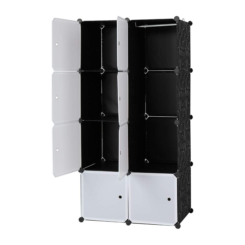 Portable Wardrobe Closet with Doors - 8-Cube Modular Plastic Storage Cabinet & Hanging Section - DIY Clothes Organizer, Bookshelf, Armoire for Bedroom & Living Room - Black - Perfect for Small Spaces, Dorm Rooms & Apartment Organization