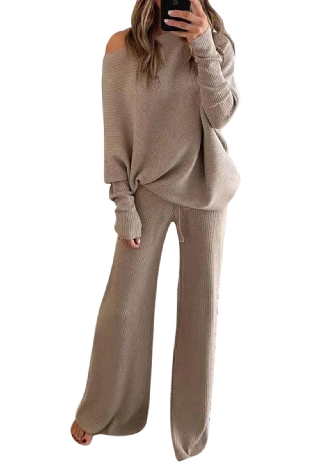 Women's 2 Piece Sweatsuit Set - Cozy Knit Pullover Sweater & Wide Leg Lounge Pants - Casual Outfit for Home, Yoga, Travel & Relaxation