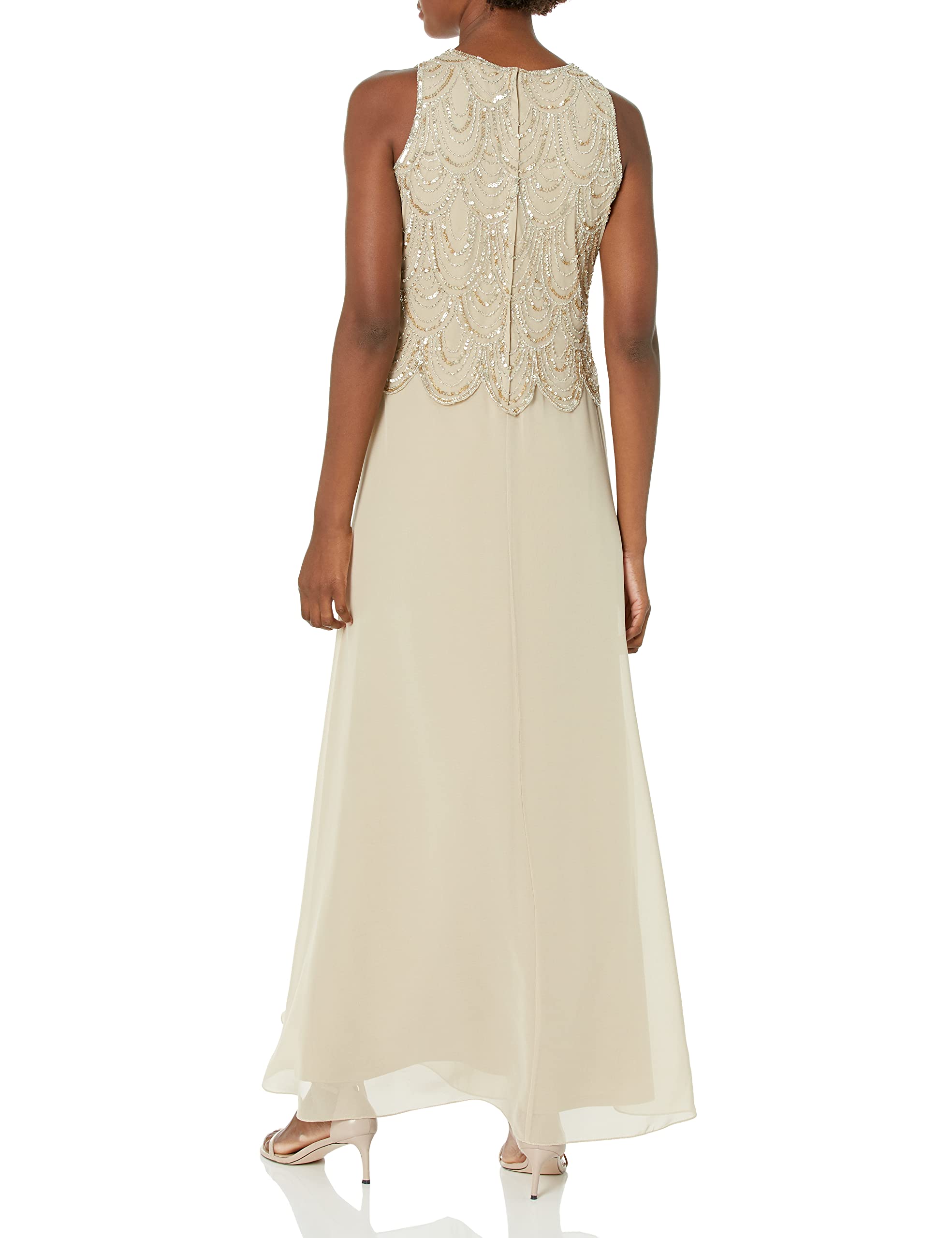 J Kara Women's Plus Size Sleeveless Beaded Maxi Dress with Detachable Scarf - Elegant Evening Gown for Wedding, Party & Special Occasions