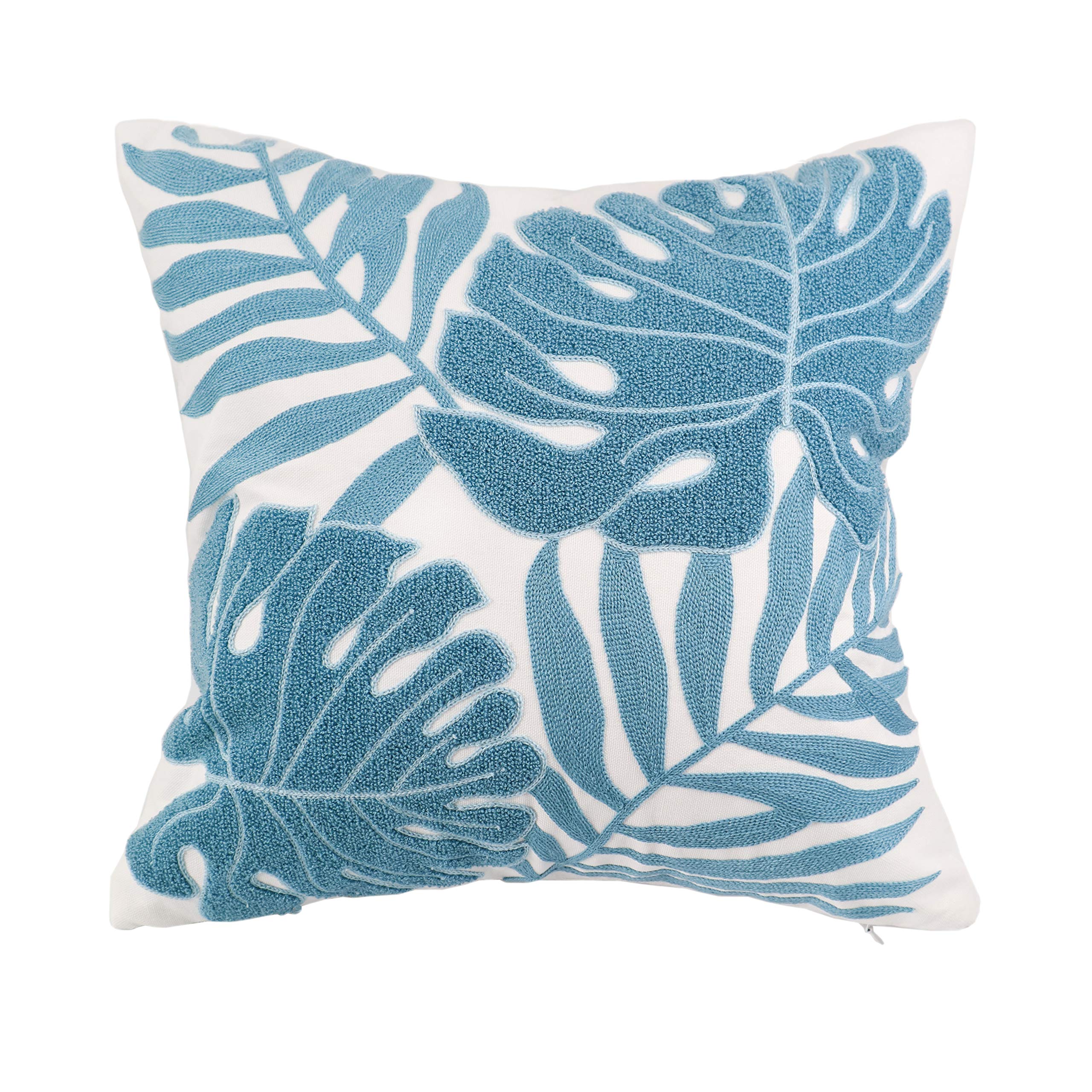 18x18 Light Blue Tropical Leaf Embroidery Throw Pillow Cover - 100% Cotton Cushion Cover for Sofa, Couch & Floor - Monstera Leaf Design Home Décor - Perfect for Living Room, Bedroom & Boho Style Decor (1 Piece)