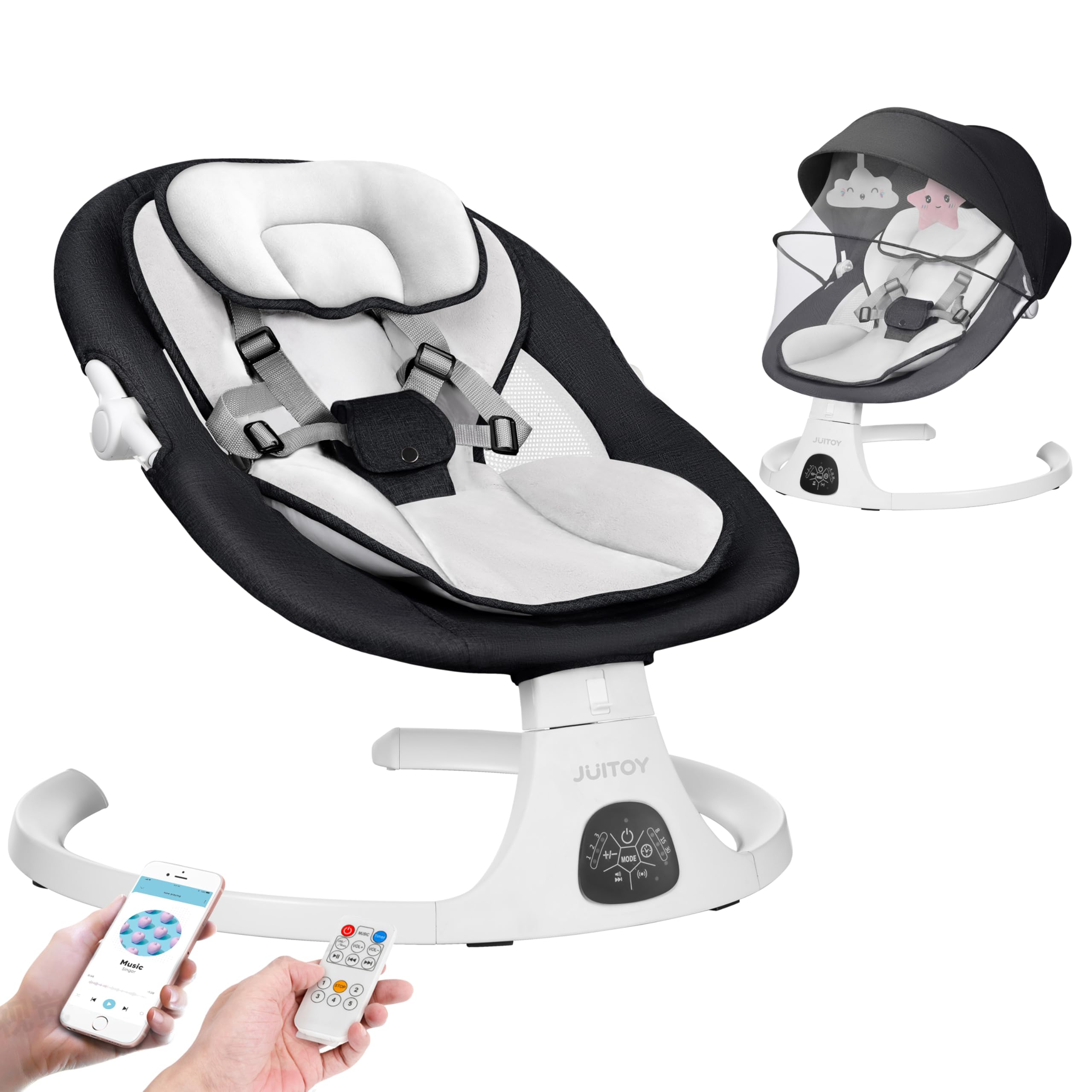5-Speed Electric Baby Swing for Infants to Toddlers - Adjustable 3-Position Seat with 5-Point Safety Harness & Bluetooth Music (10 Lullabies) - Perfect for Nursery, Daycare & Travel (Black)