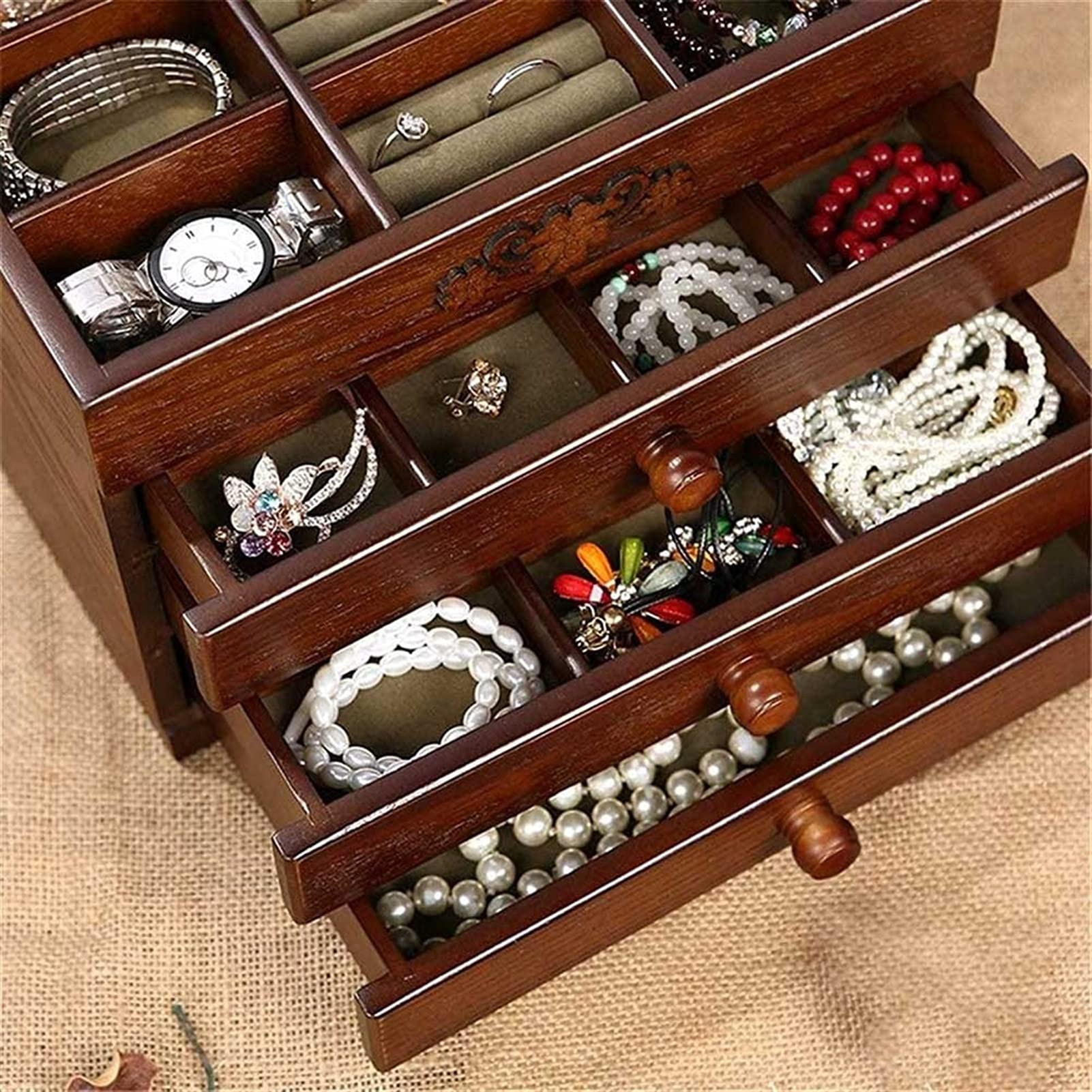 Wooden Jewelry Box with 4 Drawers & Large Mirror - Lockable Storage Organizer for Rings, Earrings, Necklaces, Bracelets - Perfect Gift for Women, Mothers & Girls - Ideal for Bedroom Vanity, Travel & Wedding Jewelry Organization