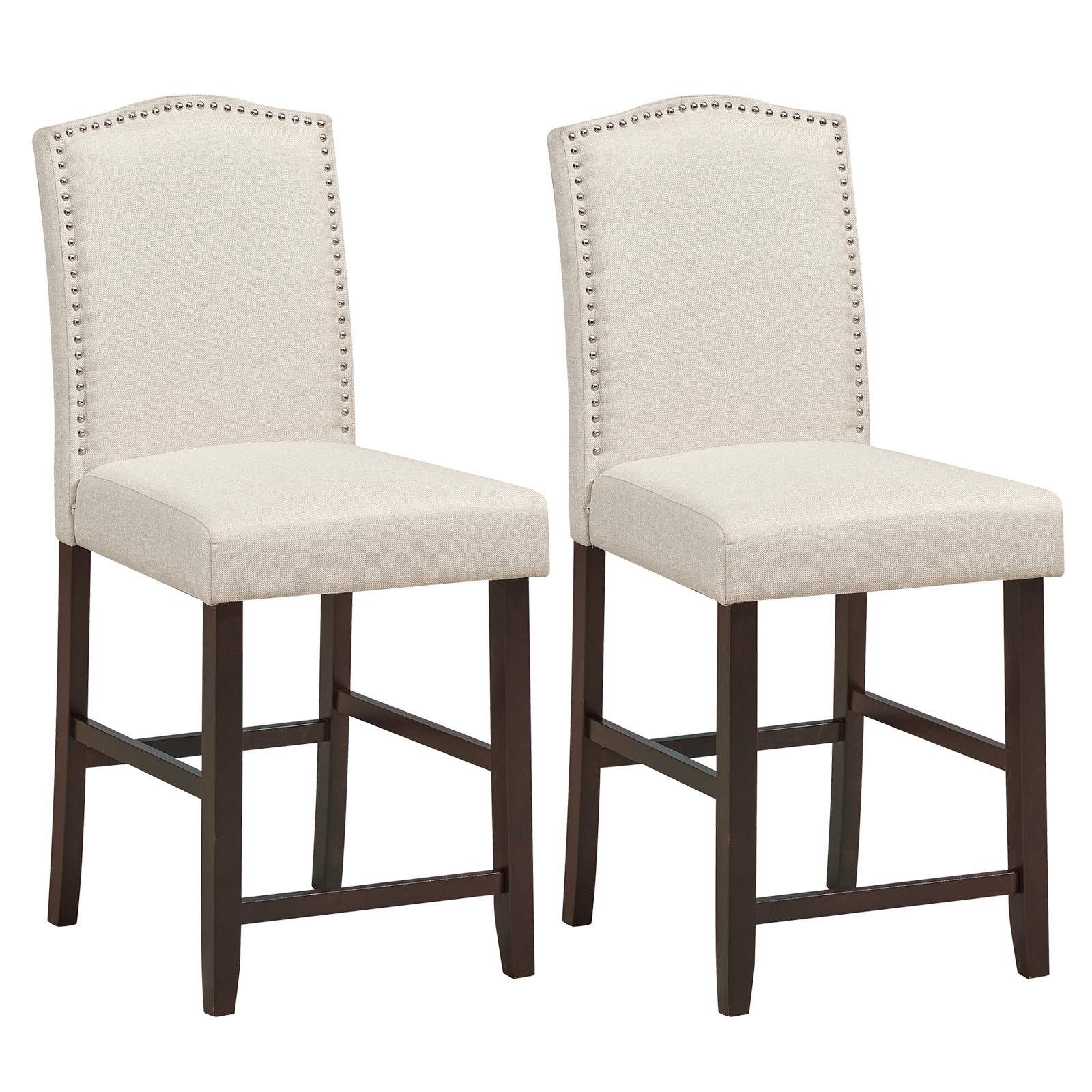 COSTWAY 25'' Upholstered Bar Stools Set of 2 - S-Shaped Spring Cushion Counter Height Stools with Rubber Wood Legs, High Back Kitchen & Dining Room Chairs (Beige) | Perfect for Breakfast Bars, Kitchen Islands & Home Bars