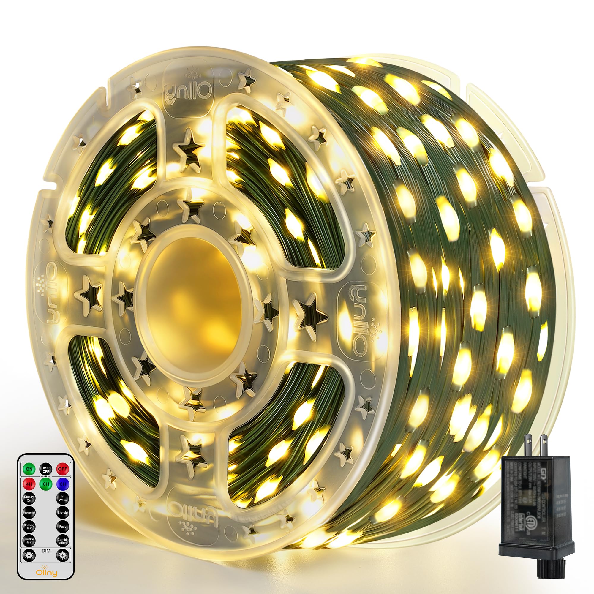Ollny 800 LED 262 FT Outdoor Christmas Lights with Remote - IP67 Waterproof, 8 Modes & Timer, Warm White String Lights for Indoor/Outdoor Holiday Decor - Perfect for Christmas Trees, House, Yard, and Party Decorations