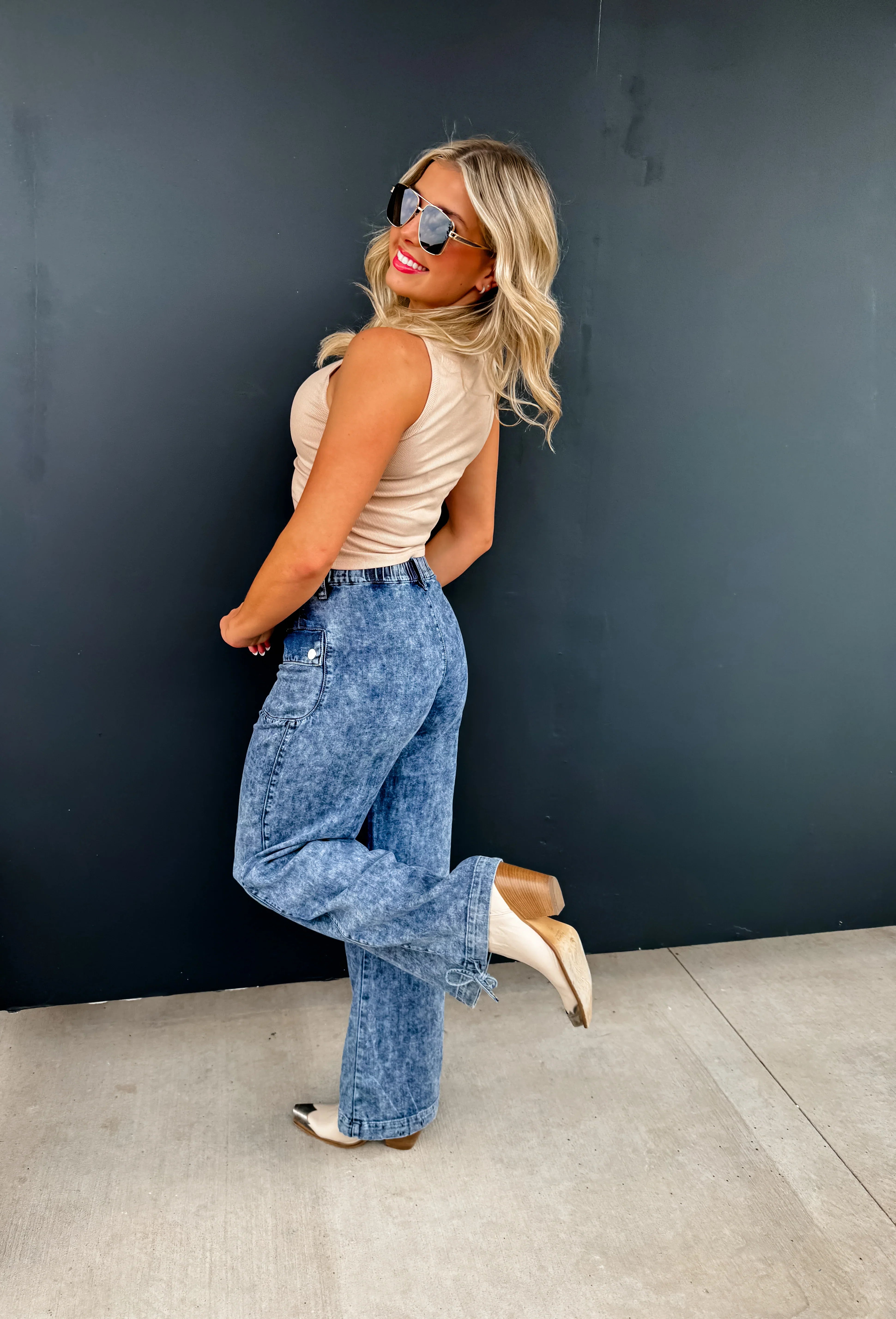 PREORDER: Charlie Cinch Hem Wide Leg Jeans - High Waist Stretch Denim Pants for Women | Casual & Chic Outfit for Everyday Wear