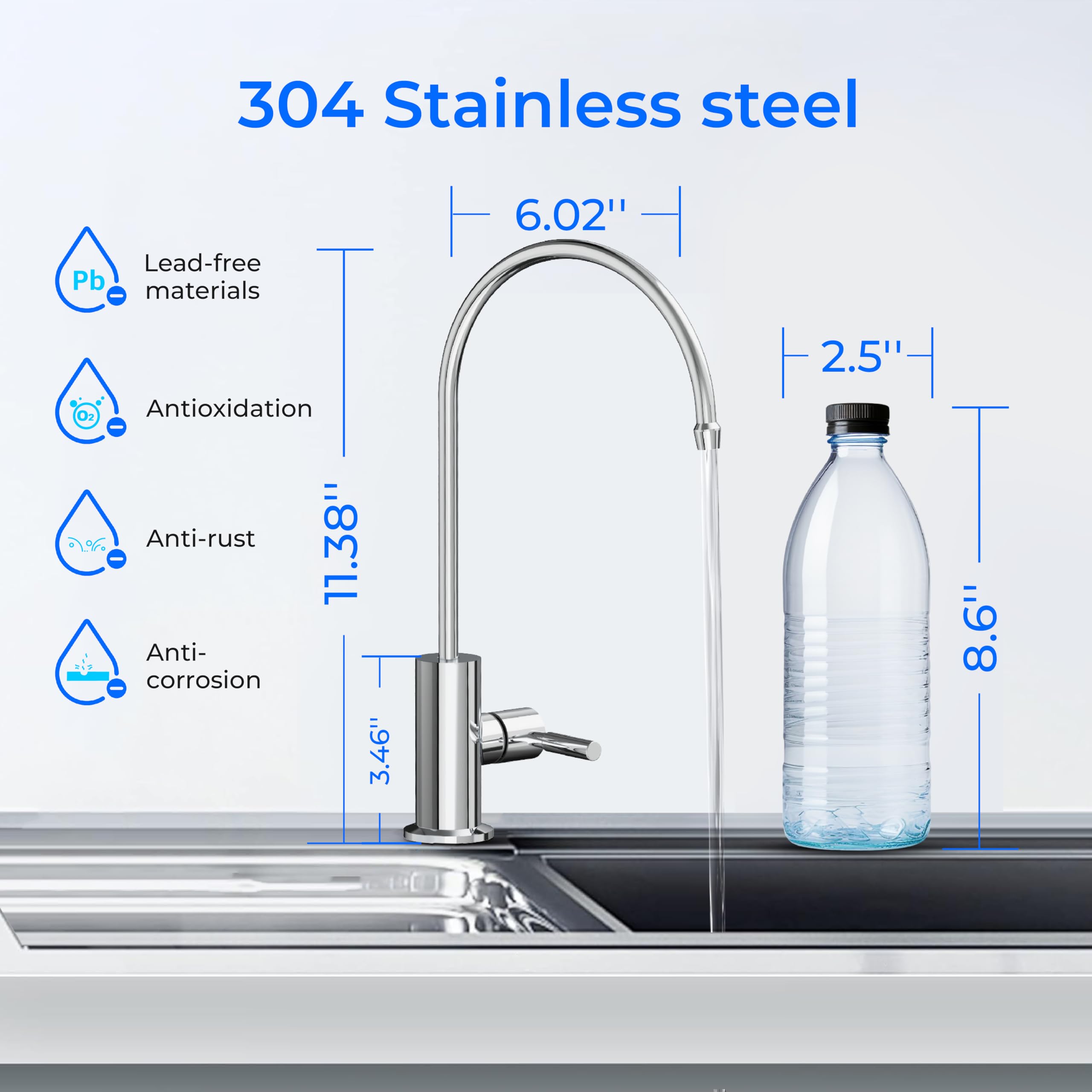 Premium Stainless Steel RO Water Faucet - Lead-Free Drinking Water Filter Faucet for Kitchen Sink | Reverse Osmosis System Compatible | Polished Chrome Finish | Perfect for Clean Drinking Water & Cooking