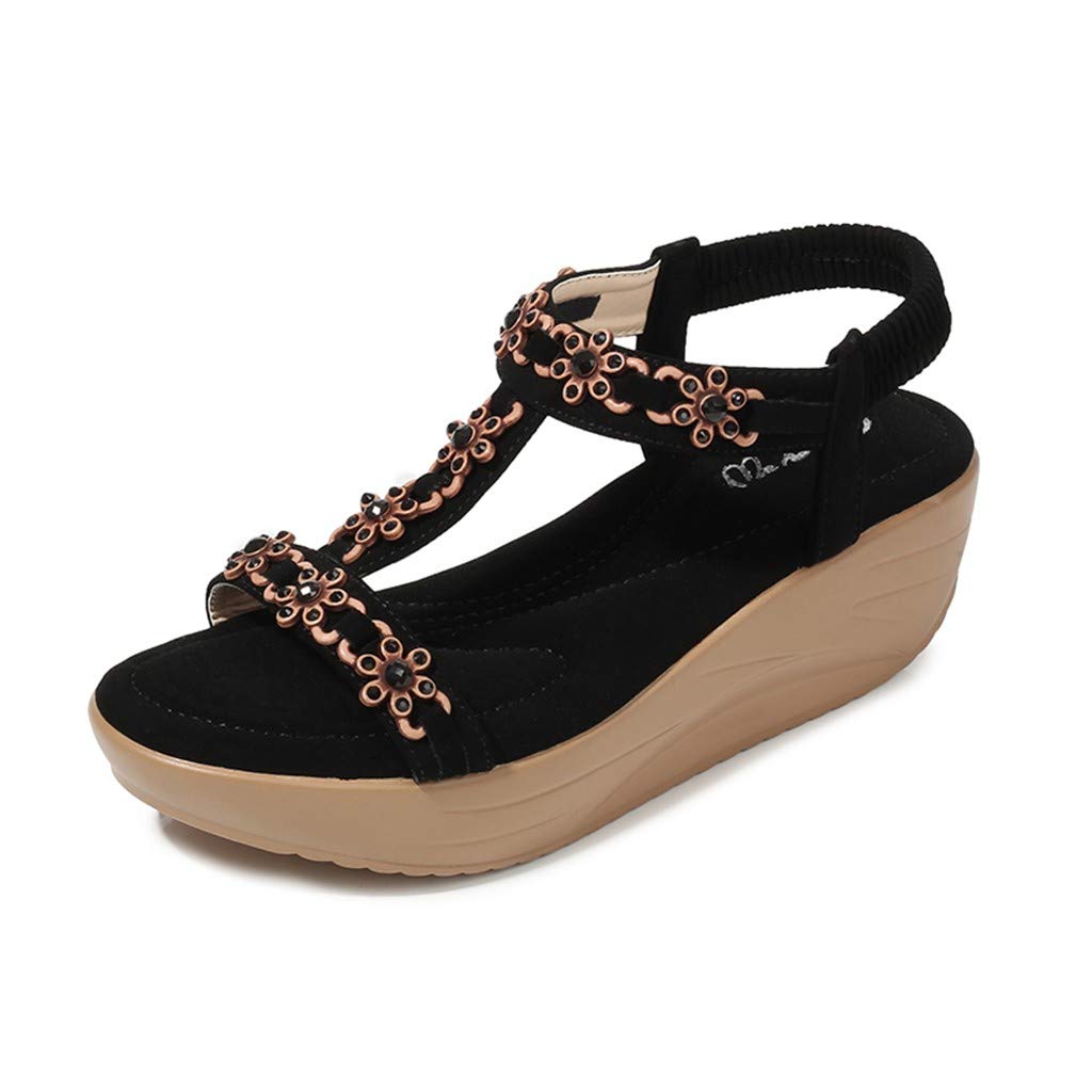 Women's Black Wedge Sandals with Flower Rhinestone Design - Comfortable Platform Summer Sling Sandals for Beach, Boho & Casual Outfits | Plus Size Available