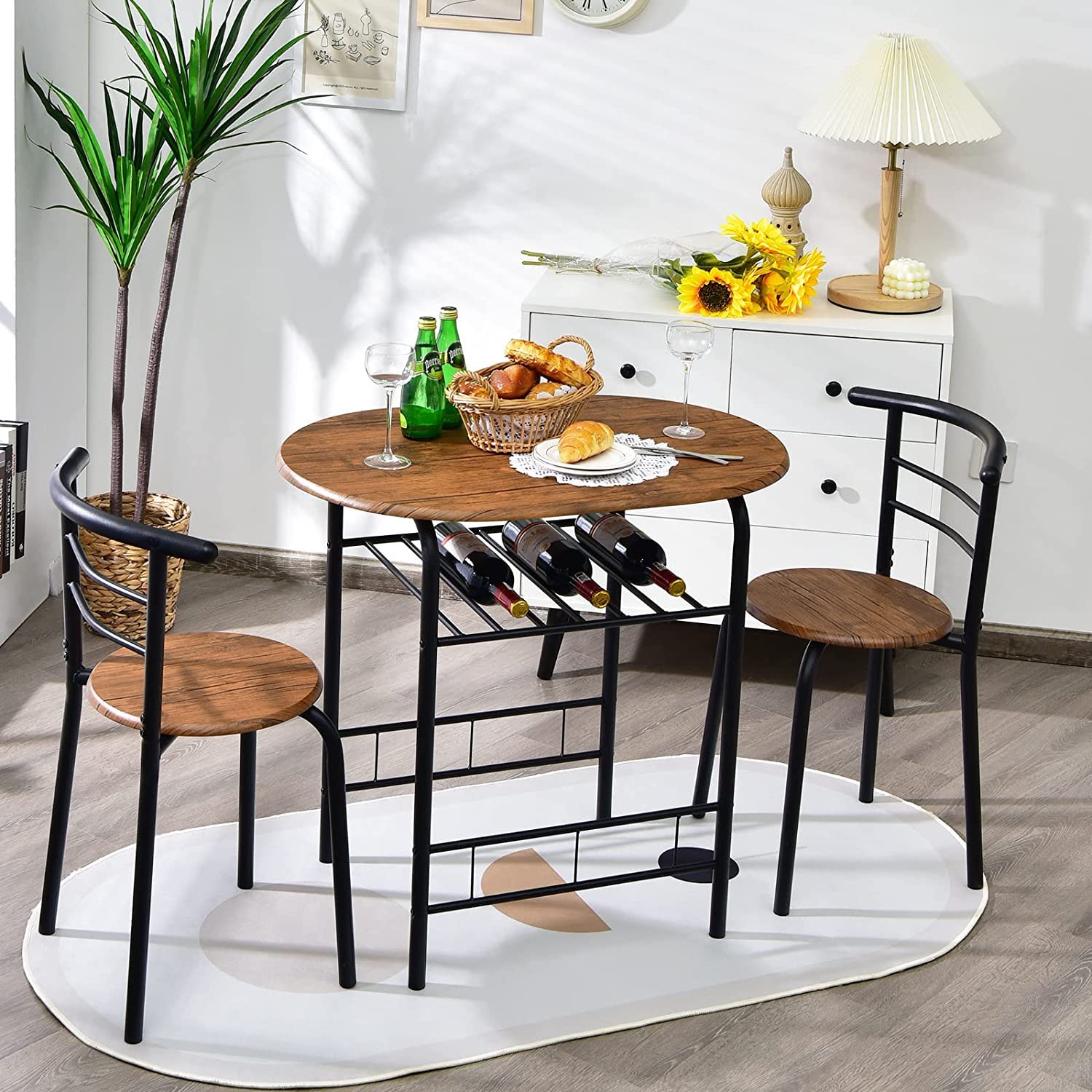 FANTASK 3-Piece Dining Table Set with 2 Chairs - Compact Kitchen Table with Metal Frame & Storage Shelf - Space-Saving Breakfast Nook Set for Apartments, Small Kitchens, Cafes (Black & Brown) - Perfect for Morning Coffee, Casual Meals & Small Space Dining
