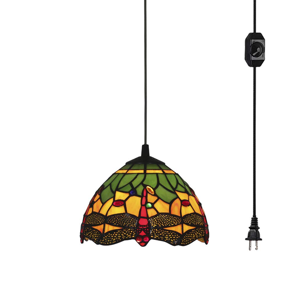 Handmade Tiffany Style Mediterranean Glass Chandelier - Baroque Antique Pendant Light with 20ft UL Certified Plug-in Dimmer Cord (Bulb Not Included) | Perfect for Dining Room, Foyer & Vintage Home Decor