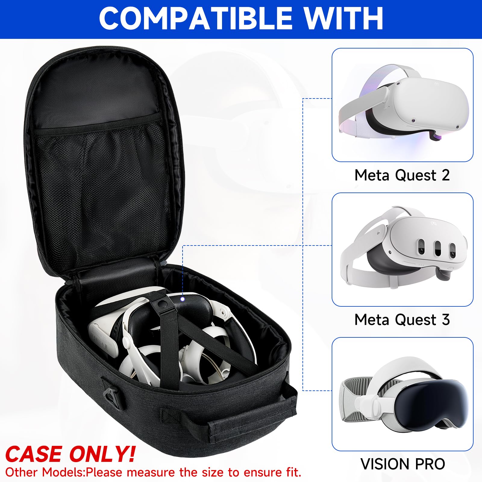 Meta Quest 3S/3, Oculus Quest 2/Pro & Vision Pro VR Headset Carrying Case - Travel Storage Bag for Elite Version VR Gaming Headset, Touch Controllers & Accessories | Perfect for Travel, Gaming Events & Home Storage