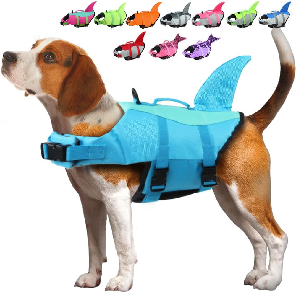 EMUST Shark Dog Life Jacket - Adjustable Ripstop Pet Life Vest with Rescue Handle for Water Safety | Swimming, Beach, Boating, Kayaking (Large, Pool Blue) - Perfect for Summer Water Adventures & Pet Safety