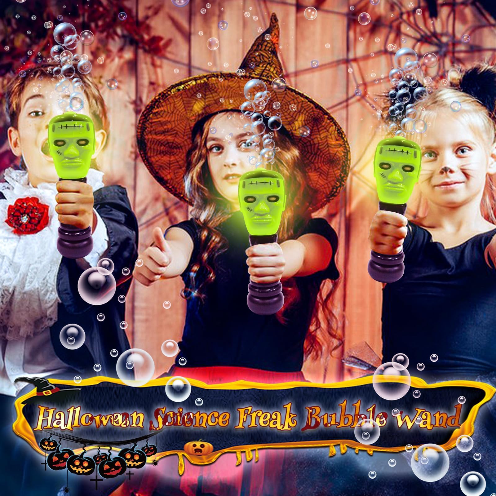 Halloween Bubble Blower Wand - 2 Pack Automatic Light Up Handheld Bubble Machine with Pumpkin & Science Freak Design, Kids Halloween Party Favors & Outdoor Play Toys for Trick-or-Treating, Backyard Parties & Festive Celebrations