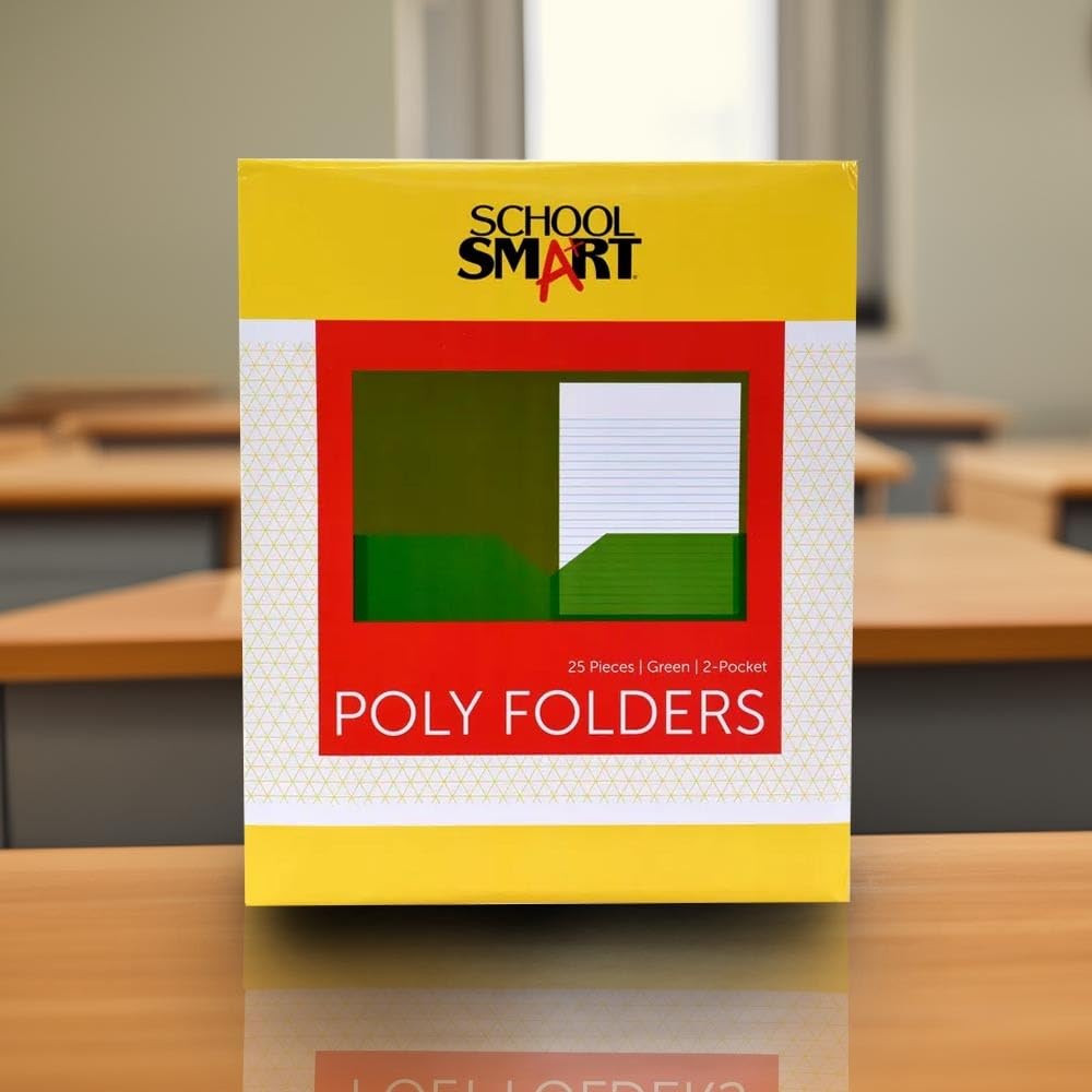 School Smart 2-Pocket Poly Folders, Green, Pack of 25 - Durable Plastic Folders for Classroom Organization, Homework, and Document Storage