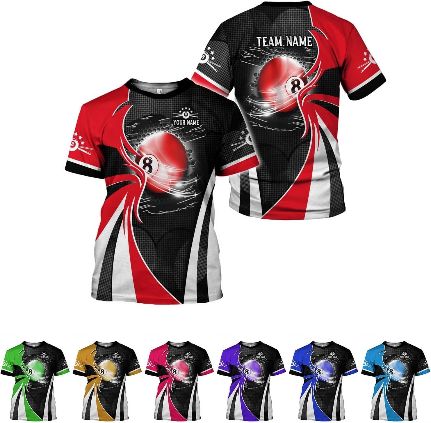 Custom Billiards Shirts for Women & Men - Personalized 8 Ball T-Shirts for Pool Teams & Players - Perfect for Tournaments, Leagues and Casual Play