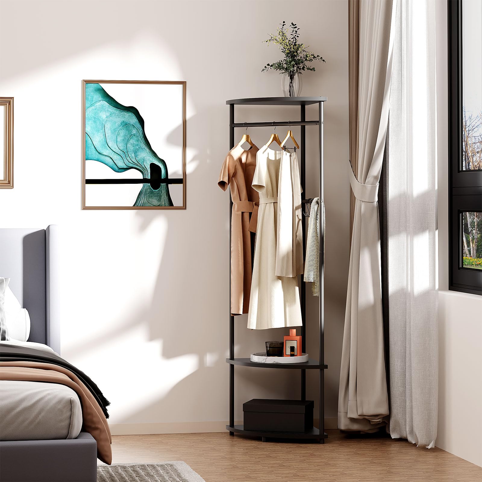 Freestanding Corner Coat Rack with Shelves & Adjustable Hooks - Entryway Hall Tree Organizer for Clothes, Hats, Bags & Shoes (Black) - Perfect for Small Spaces, Apartments & Mudroom Organization