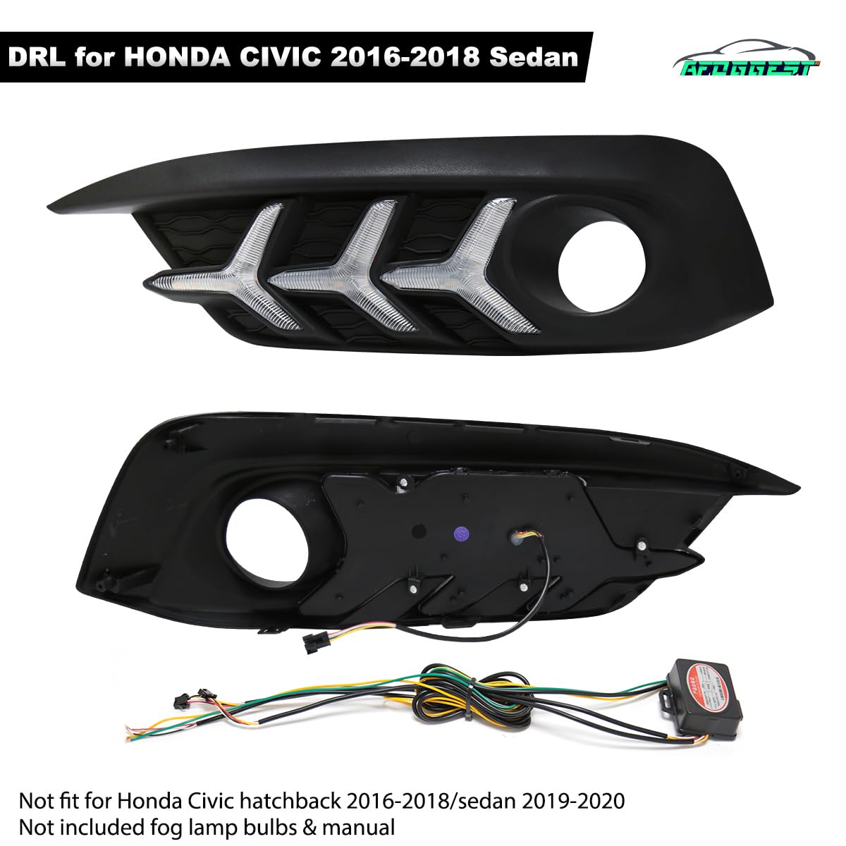 2016-2018 Honda Civic 10th Gen Sedan LED Daytime Running Lights (DRL) with Amber Turn Signal - 3 Color Fog Lights, Fish Bone Style - Upgrade for Better Visibility & Safety | Perfect for Night Driving & Foggy Conditions