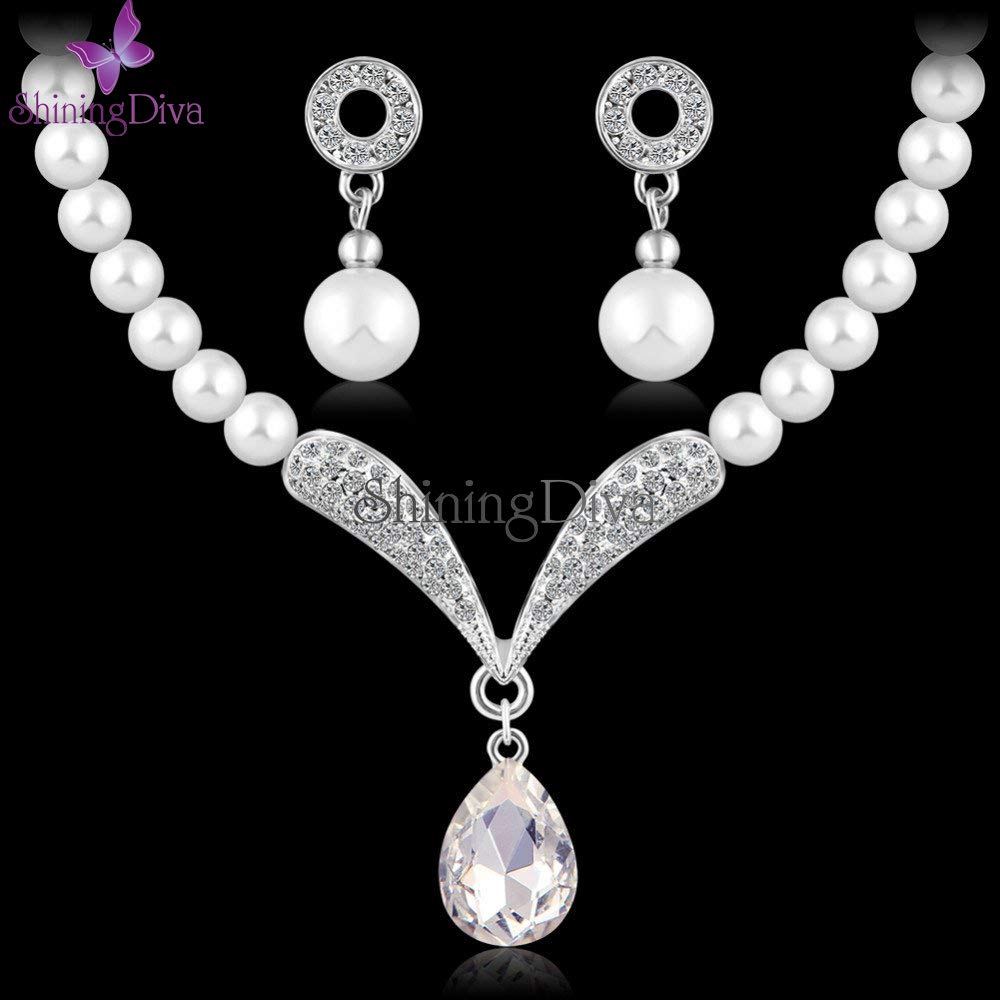 Shining Diva Fashion Crystal Pearl Necklace Set with Matching Earrings - Elegant Jewelry Gift for Women & Girls (White) | Perfect for Weddings, Parties & Special Occasions (rrsd8494s)