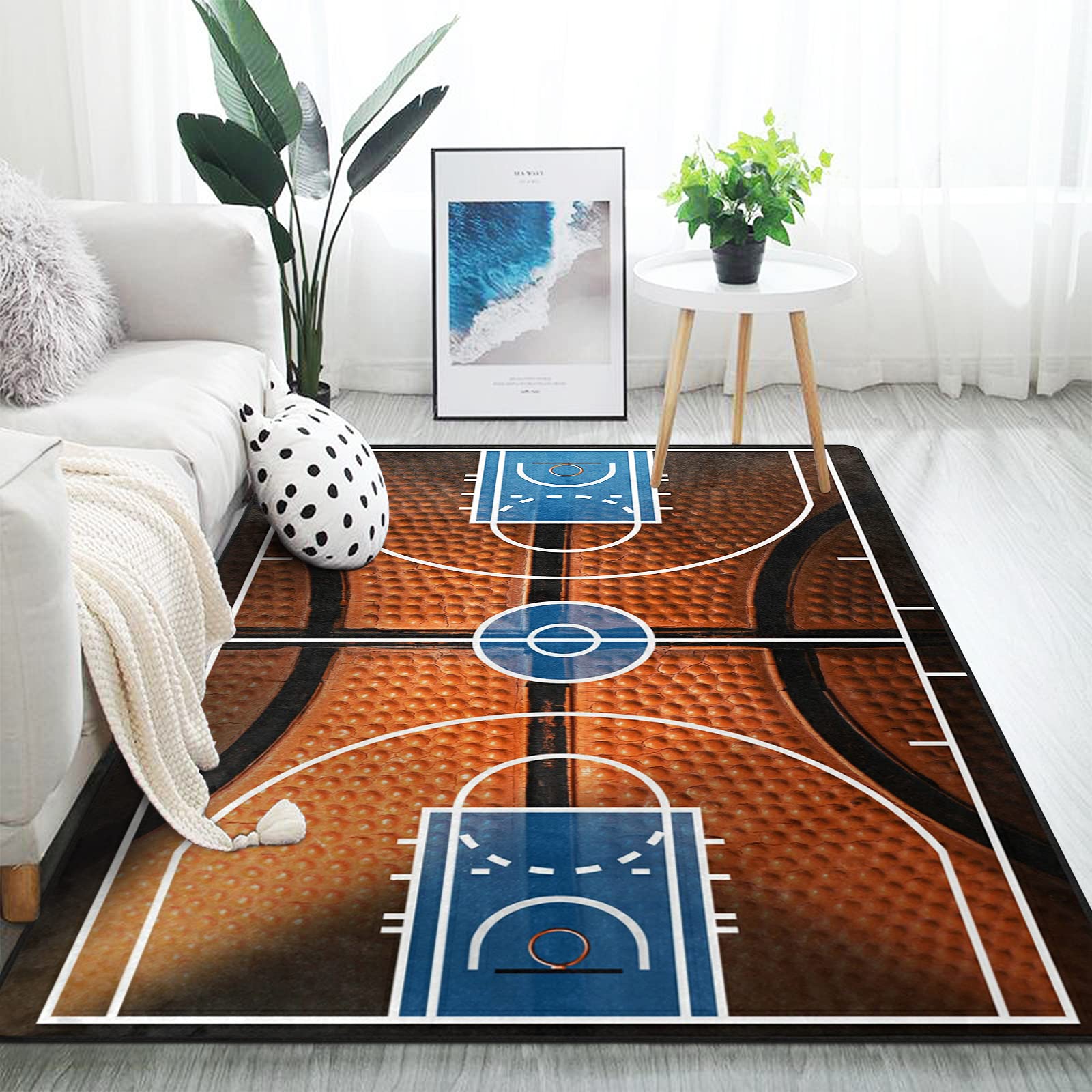 ALAZA Basketball Print Court Design Sports Area Rug - 7' x 5' Non-Slip Floor Mat for Living Room, Bedroom, Game Room & Man Cave Decor