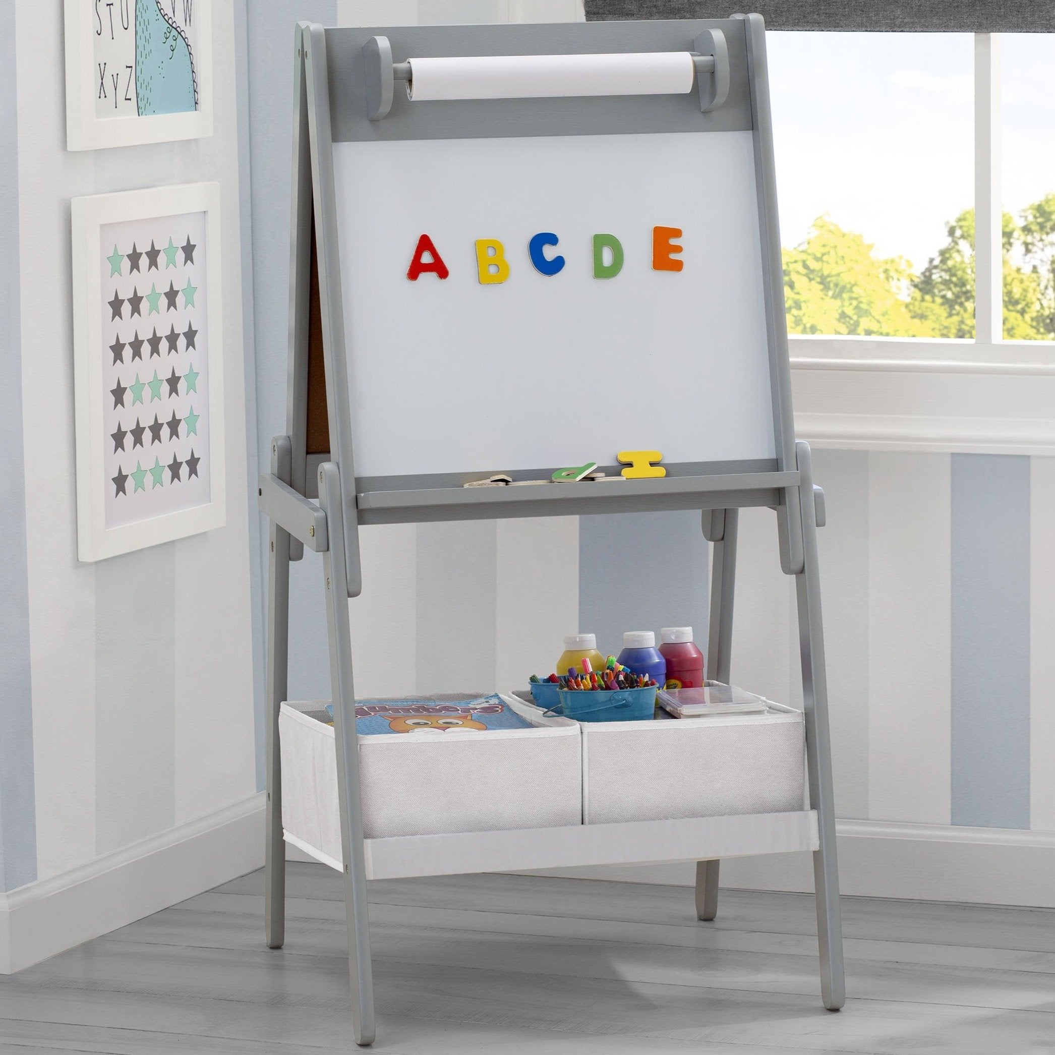 Double-Sided Kids Art Easel with Paper Roll & Magnets - Dry Erase & Chalkboard Surfaces for Creative Play | Perfect for Home, Classroom & Daycare Activities
