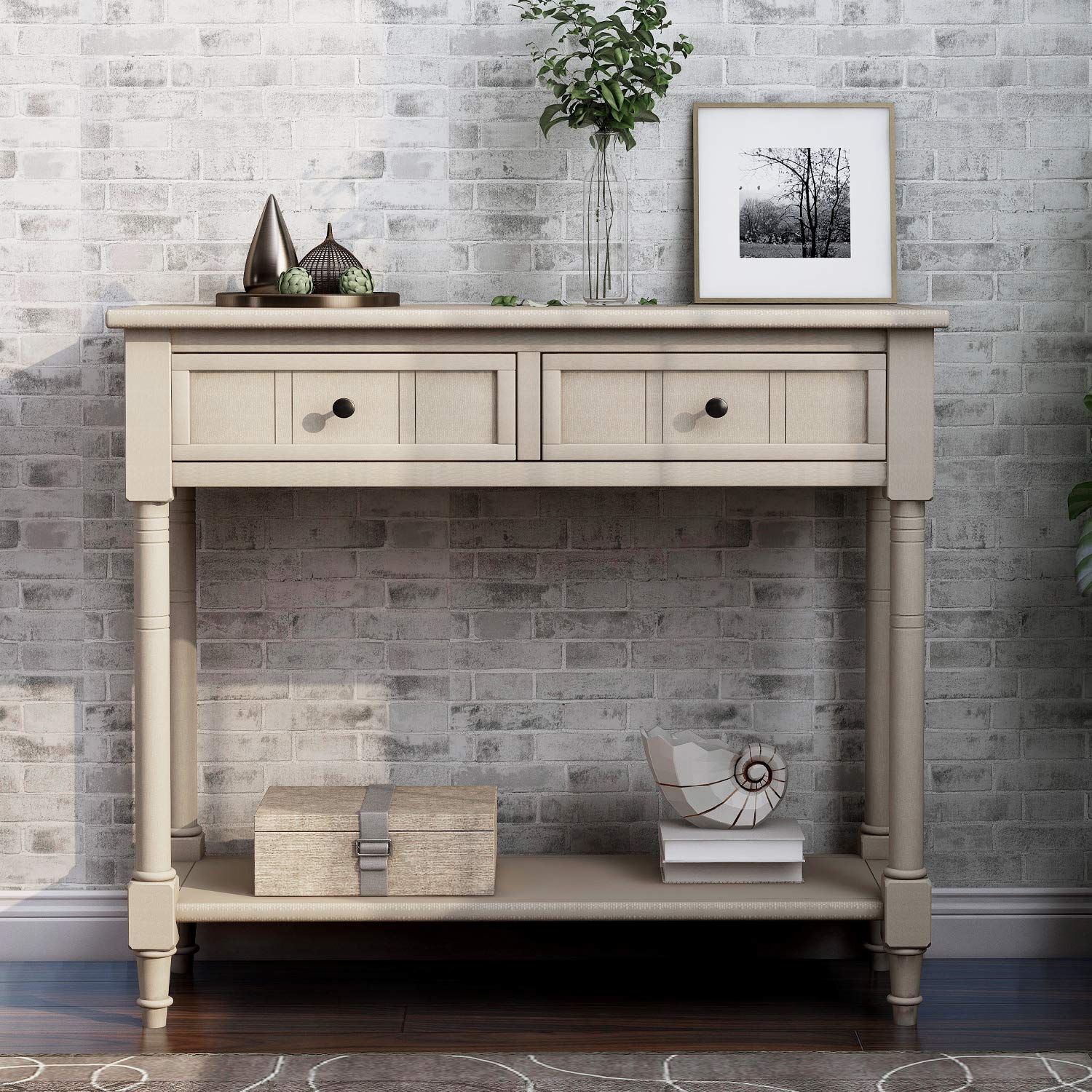 HOUAGI Narrow Console Table with 2 Drawers & Bottom Shelf - Daisy Series Sofa Table for Entryway, Hallway & Living Room - Easy Assembly Antique Gray - Perfect for Small Spaces & Home Decor