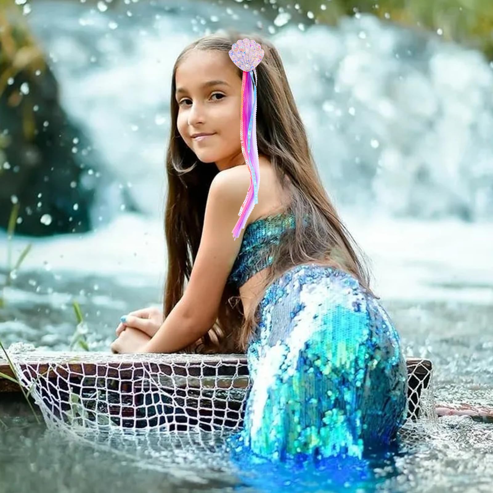 PinkSheep 3 Pack Mermaid Hair Clips for Girls - Fake Hair Extensions & Rainbow Wigs for Kids - Perfect for Costume Parties, Dress Up, Halloween & Cosplay