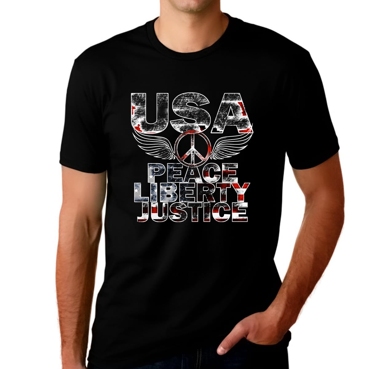 4th of July Patriotic Shirts for Men - American Flag T-Shirt with Peace Liberty Justice Design | Perfect for Independence Day Celebrations, BBQ Parties & Patriotic Events