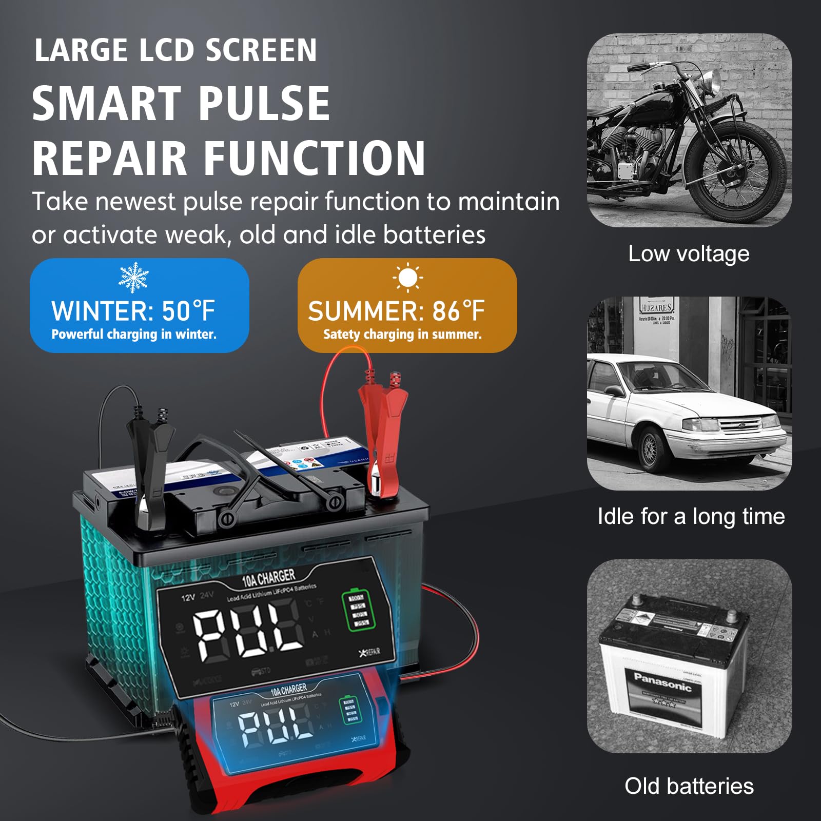 10-Amp 12V/24V Smart Car Battery Charger & Maintainer - Trickle Charger for Automotive, SUV, Motorcycle, Boat - Compatible with Lead-Acid, Lithium & LiFePO4 Batteries - Perfect for Winter Storage & Long-Term Vehicle Maintenance