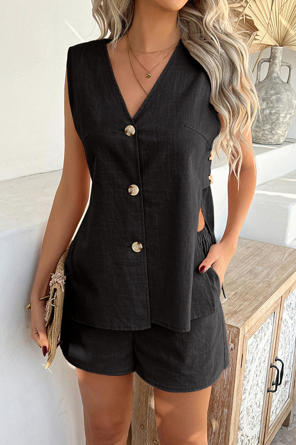 Stylish Solid Color V-Neck Button Vest & Elastic Waist Casual Pocket Shorts Set - Perfect for Holiday Outfits, Summer Vacation, and Casual Wear