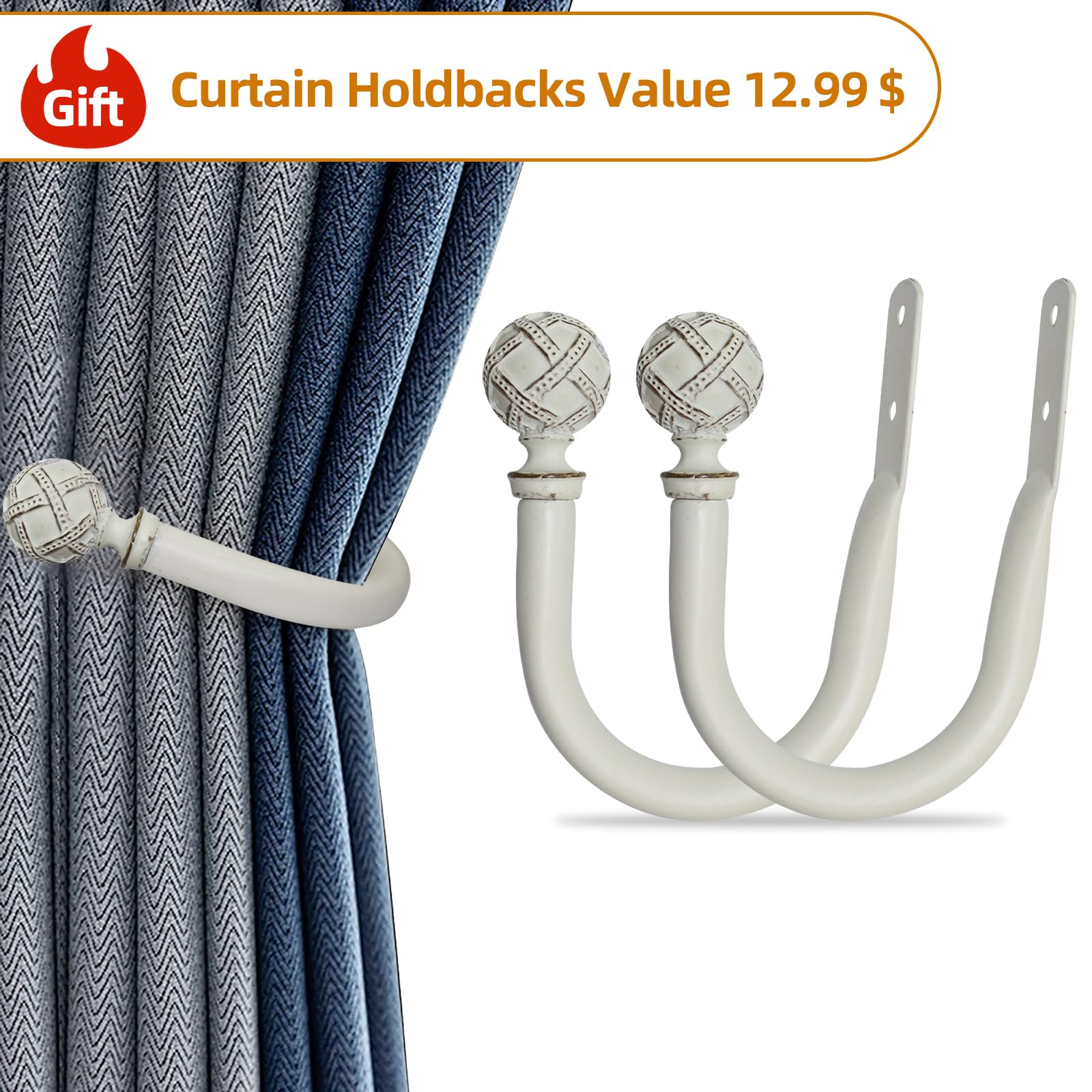 **Ycolnaefllr 1 Inch Heavy Duty Double Curtain Rod Set - Adjustable 48-84 Inches for Windows - Weathered White with Resin Finials & Holdbacks - Perfect for Living Room, Bedroom & Home Decor**