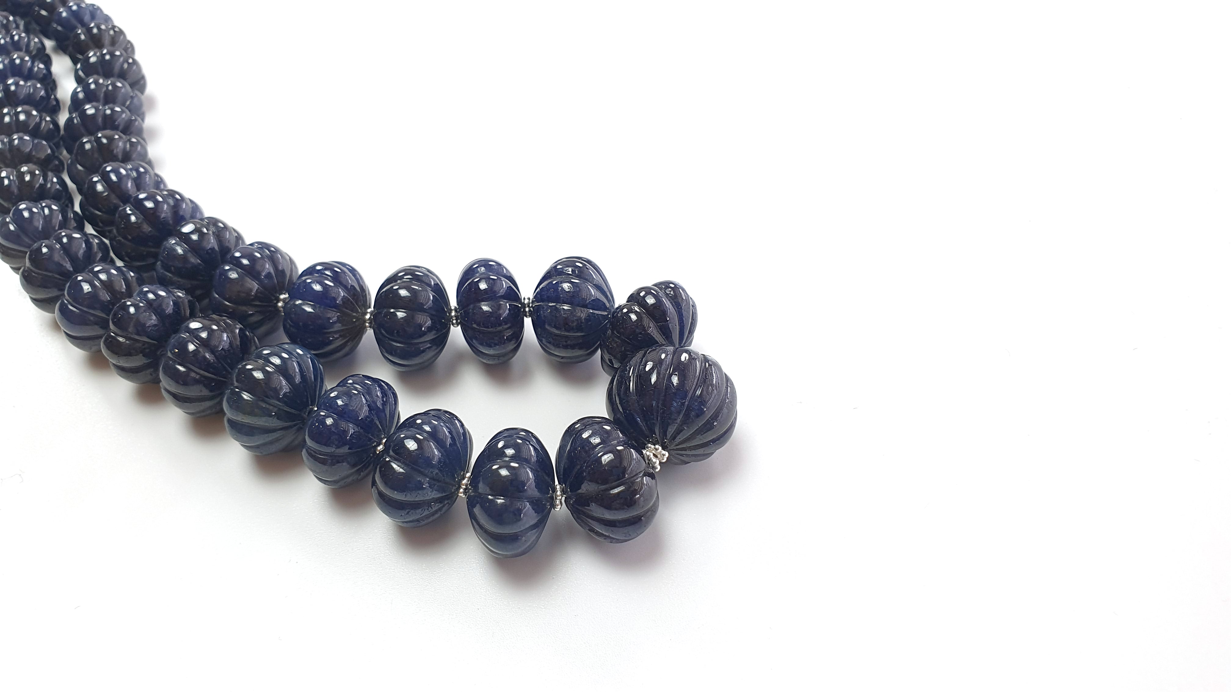 Natural Blue Sapphire Gemstone Necklace - 1156.50cts Hand-Carved Rondelle Melon Beads (11mm-20mm) in 925 Sterling Silver | Elegant Jewelry for Women, Perfect for Weddings, Parties & Special Occasions