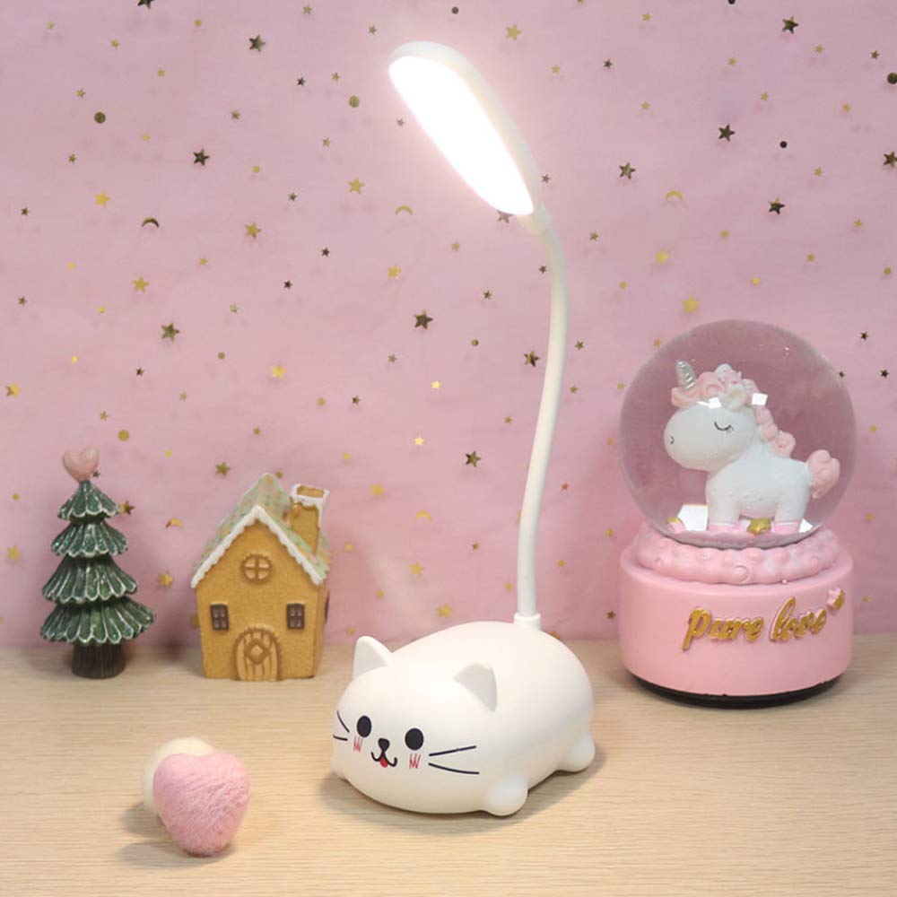 **Kids LED Desk Lamp - Cute Cat Night Light, Flexible Gooseneck Eye-Care Study Lamp for Girls & Boys, Kawaii Cartoon Desk Accessories Gift (White) - Perfect for Bedroom, Study Room & Night Reading**