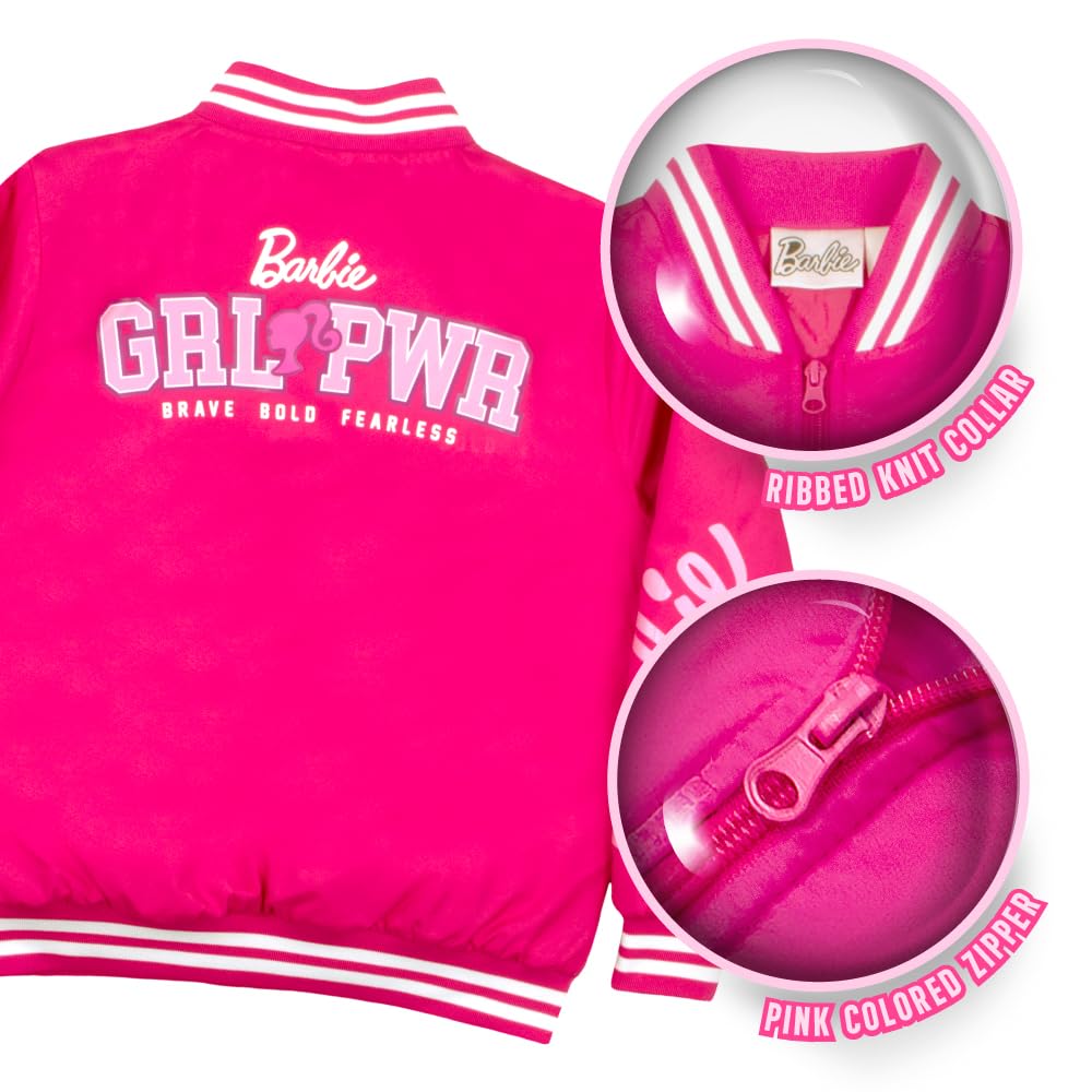 Barbie Girls Bomber Jacket - Pink Zip Up Varsity Jacket for Girls | Trendy Outerwear for School, Playdates & Birthday Parties | Girl Power Fashion for Everyday Wear