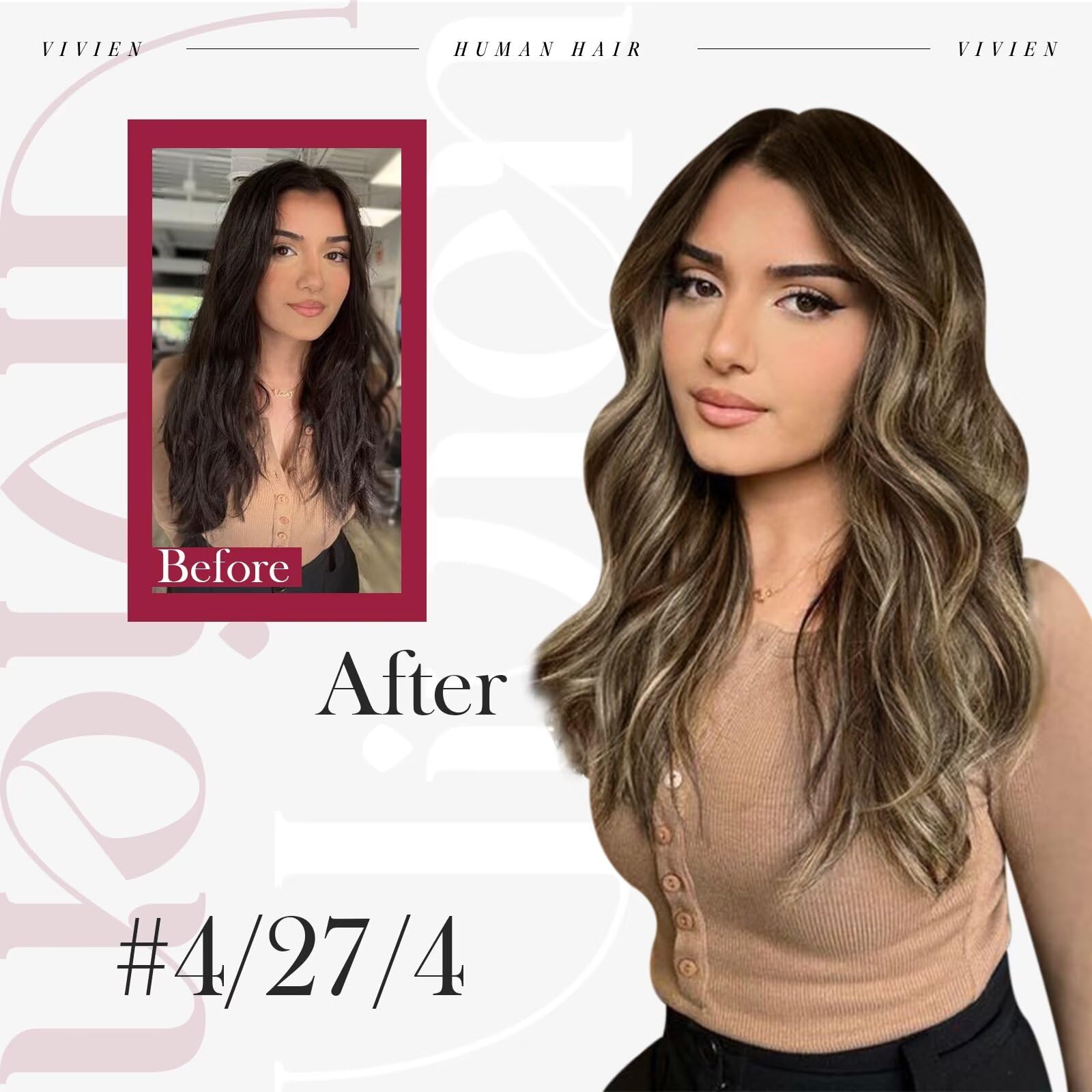 Vivien Remy Clip-In Invisible Hair Extensions 24 Inch - Balayage Brown to Caramel Blonde Ombre, 7-Piece Set (135g) Real Human Hair for Volume & Length | Perfect for Weddings, Parties & Daily Styling