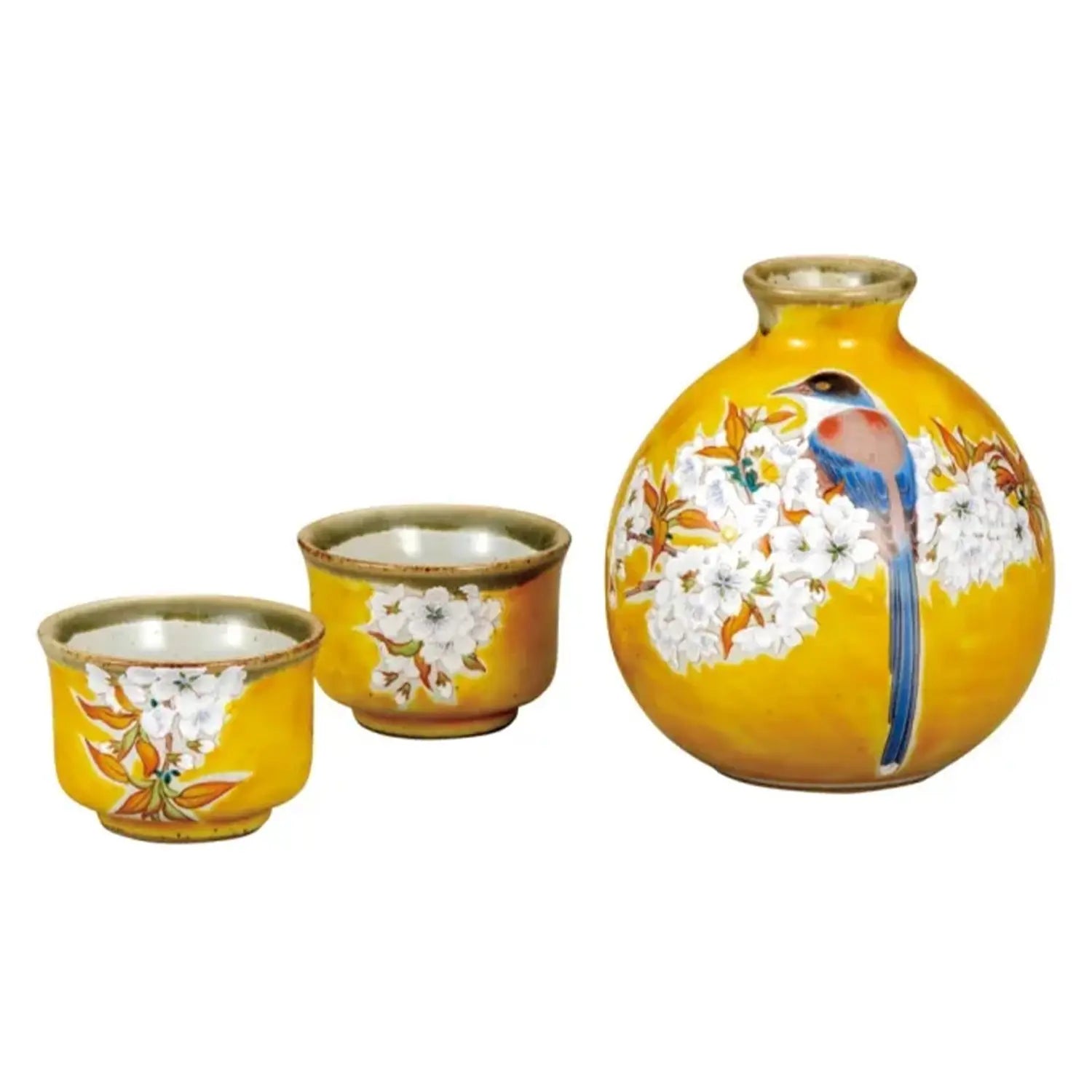 Authentic Japanese Kutani Ware Porcelain Sake Set - Yoshidaya Yamasakura ni Tori - Traditional Hand-Painted Sake Cups & Decanter - Perfect for Japanese Tea Ceremonies, Gift Giving & Home Decor