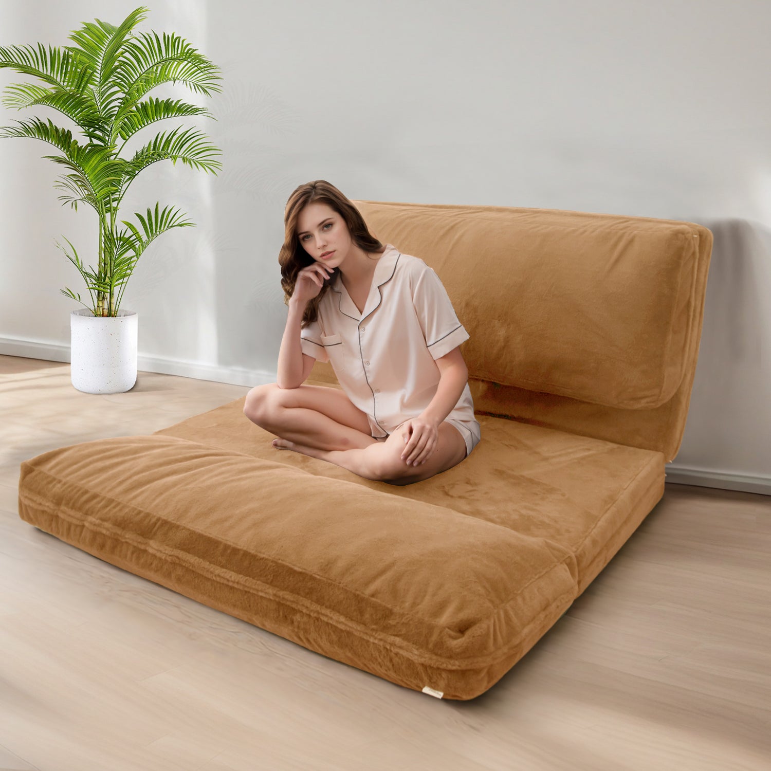 MAXYOYO Foldable Bean Bag Sofa Bed - Extra Thick Multi-Functional Floor Lounger with Washable Faux Fur Cover (Brown) - Perfect for Living Rooms, Dorms & Game Rooms