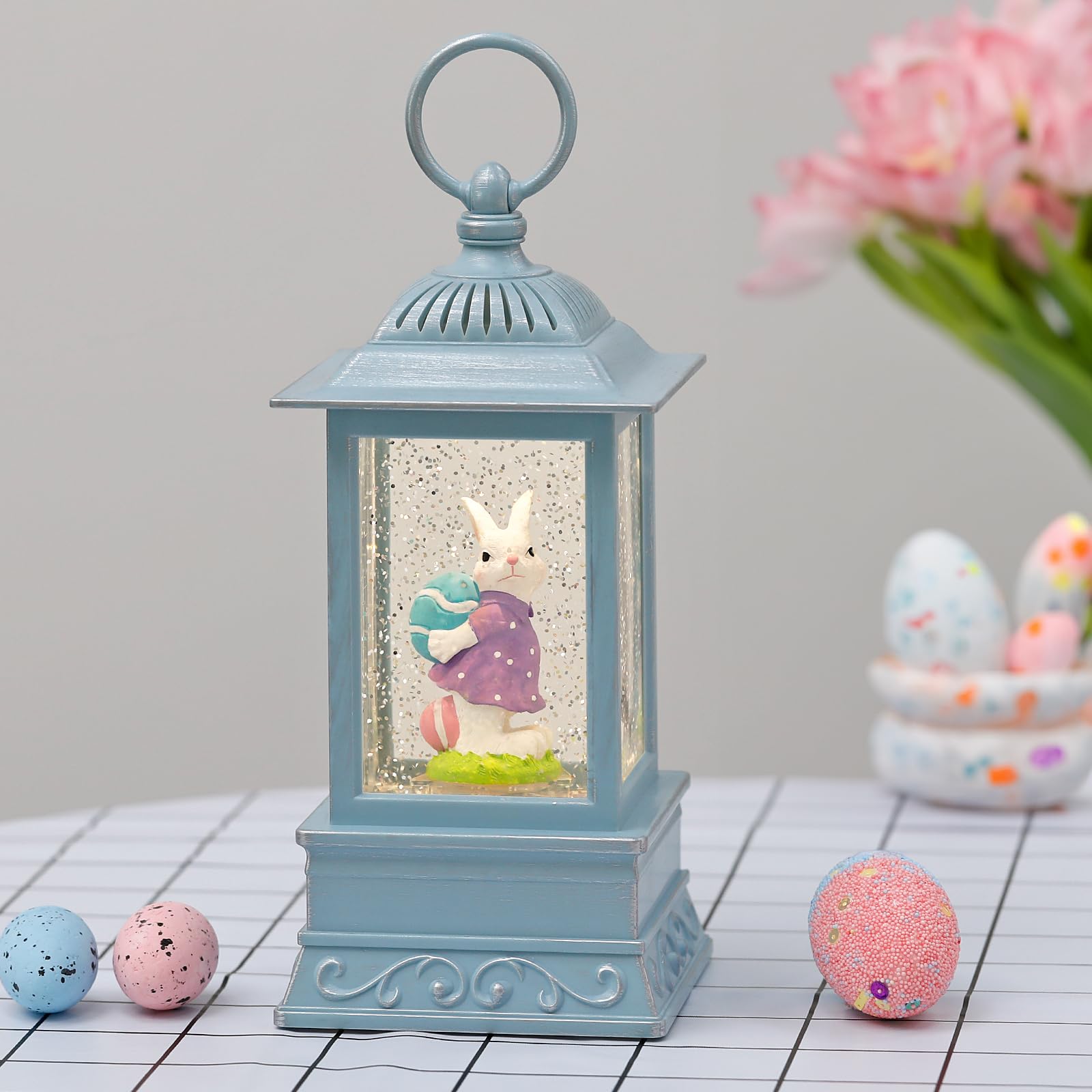 Easter Bunny Lighted Snow Globe Lantern with Swirling Glitter - Spring Holiday Home Decor for Tabletop, Mantel & Easter Party Decorations (Bunny & Eggs Design)