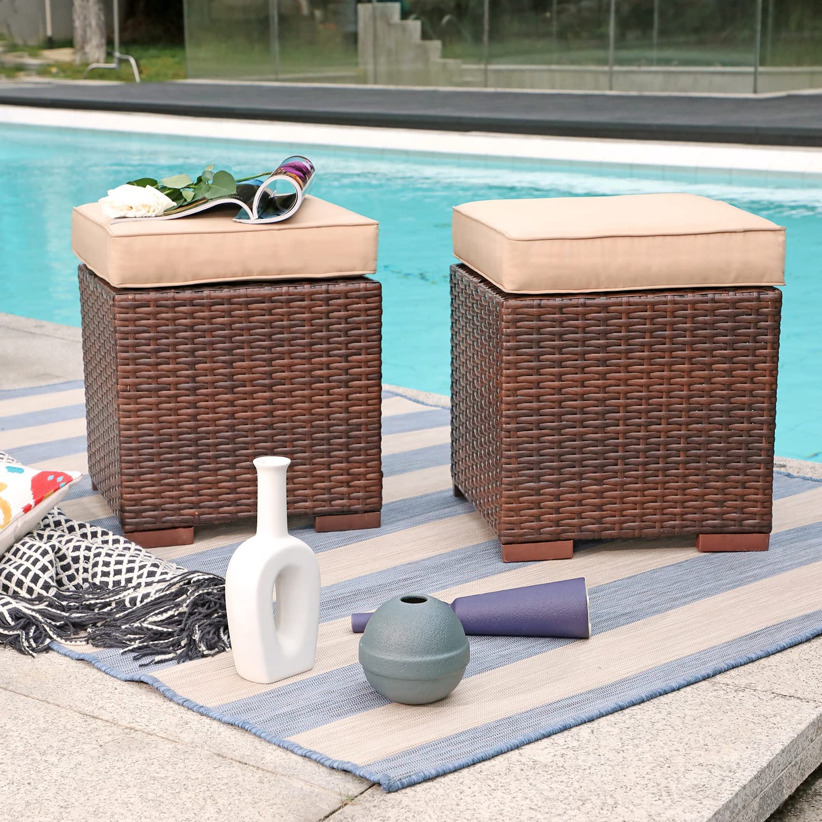 2-Piece Dark Brown Wicker Rattan Patio Ottoman Set with Beige Cushions - All-Weather Indoor/Outdoor Footstool & Seat - No Assembly Required - Perfect for Poolside, Garden, Deck, and Living Room Relaxation