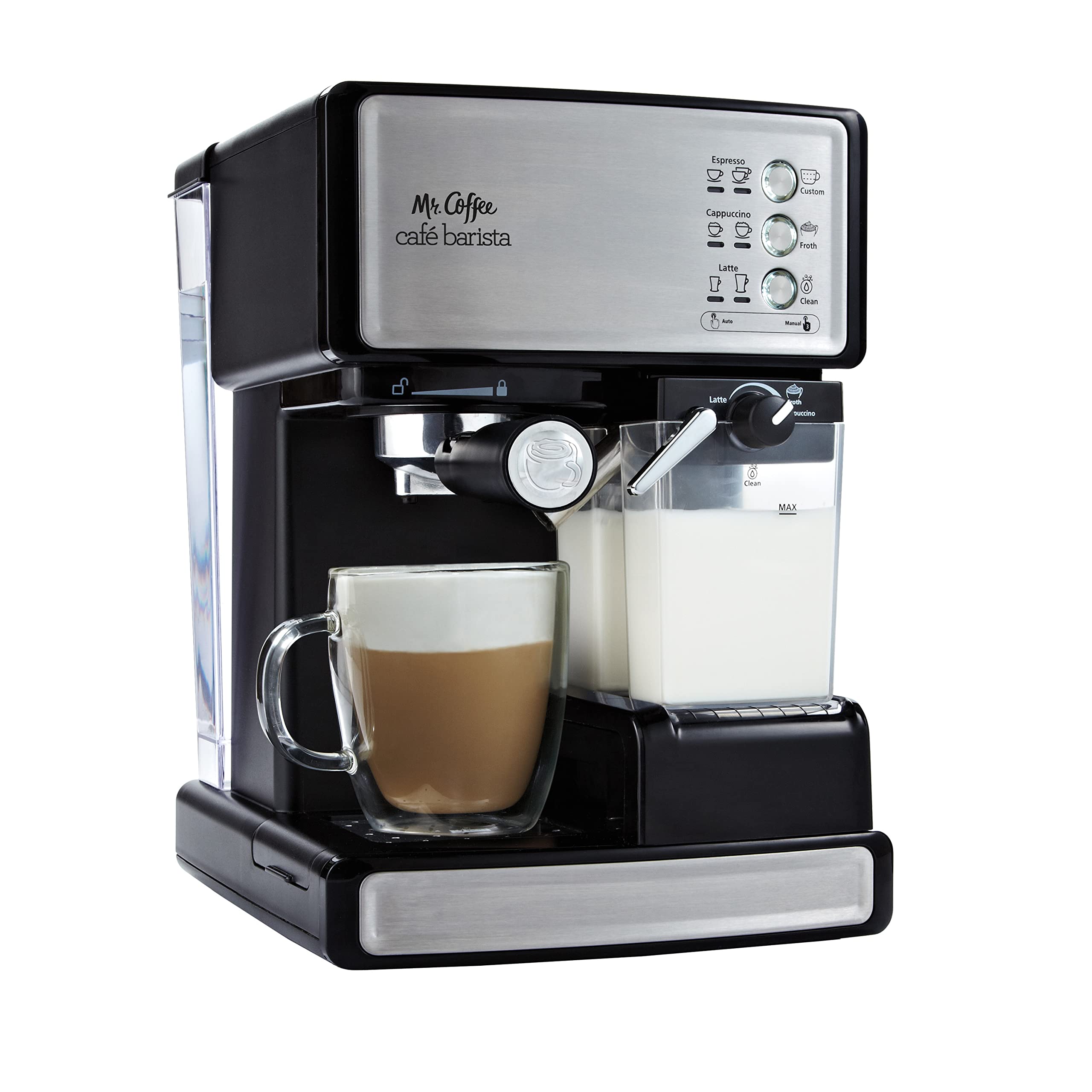 Mr. Coffee Espresso and Cappuccino Machine with 15-Bar Pump - Programmable Coffee Maker with Automatic Milk Frother, Stainless Steel (Silver) | Simple Grind 14-Cup Coffee Grinder (Black) - Perfect for Home Baristas, Office Coffee Stations & Entertaining Guests