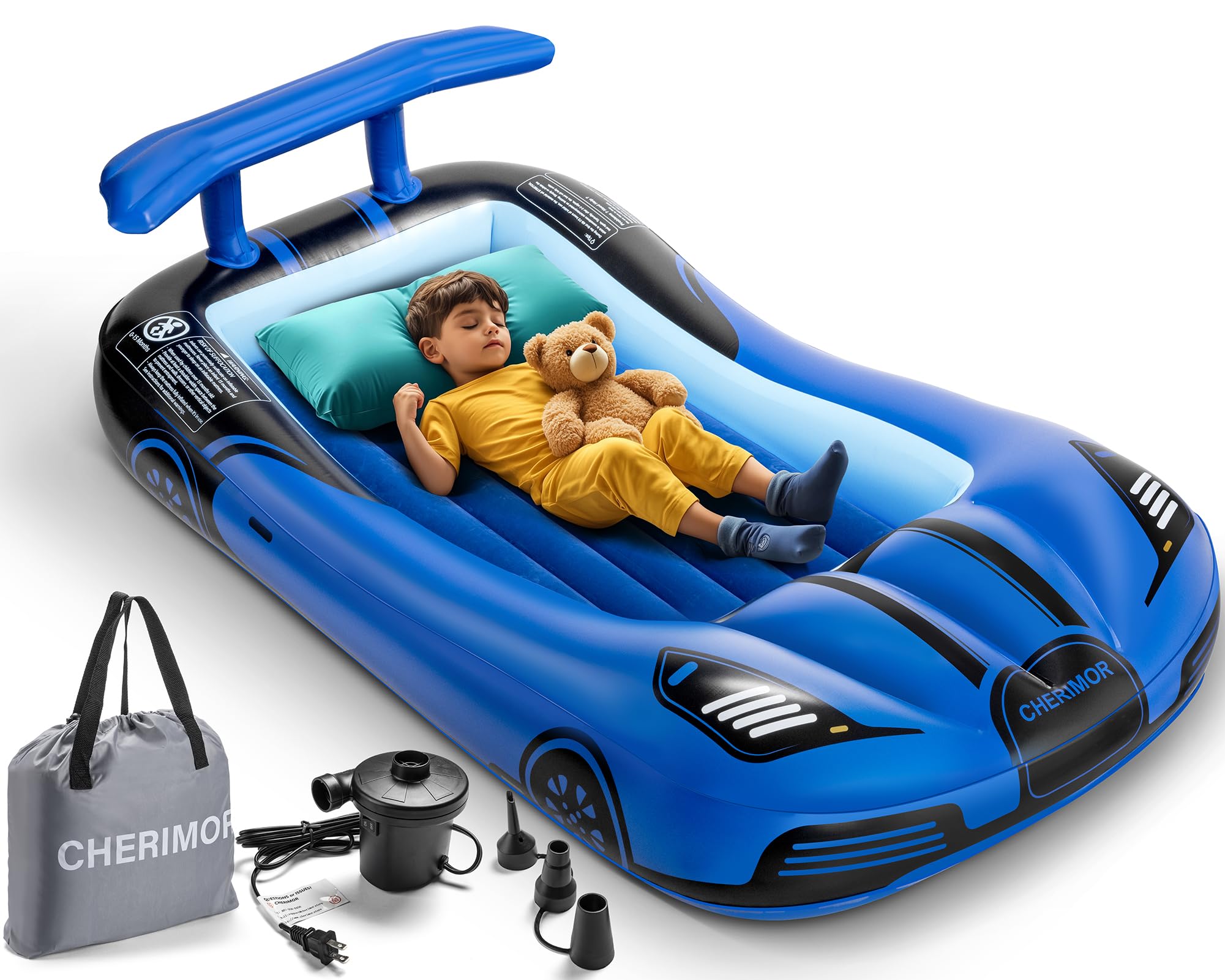 Inflatable Toddler Travel Bed with Safety Bumpers - Portable Racecar Air Mattress for Kids with Electric Pump | Perfect for Travel, Camping, Sleepovers & Vacation Gifts | Durable & Comfortable for Indoor & Outdoor Use