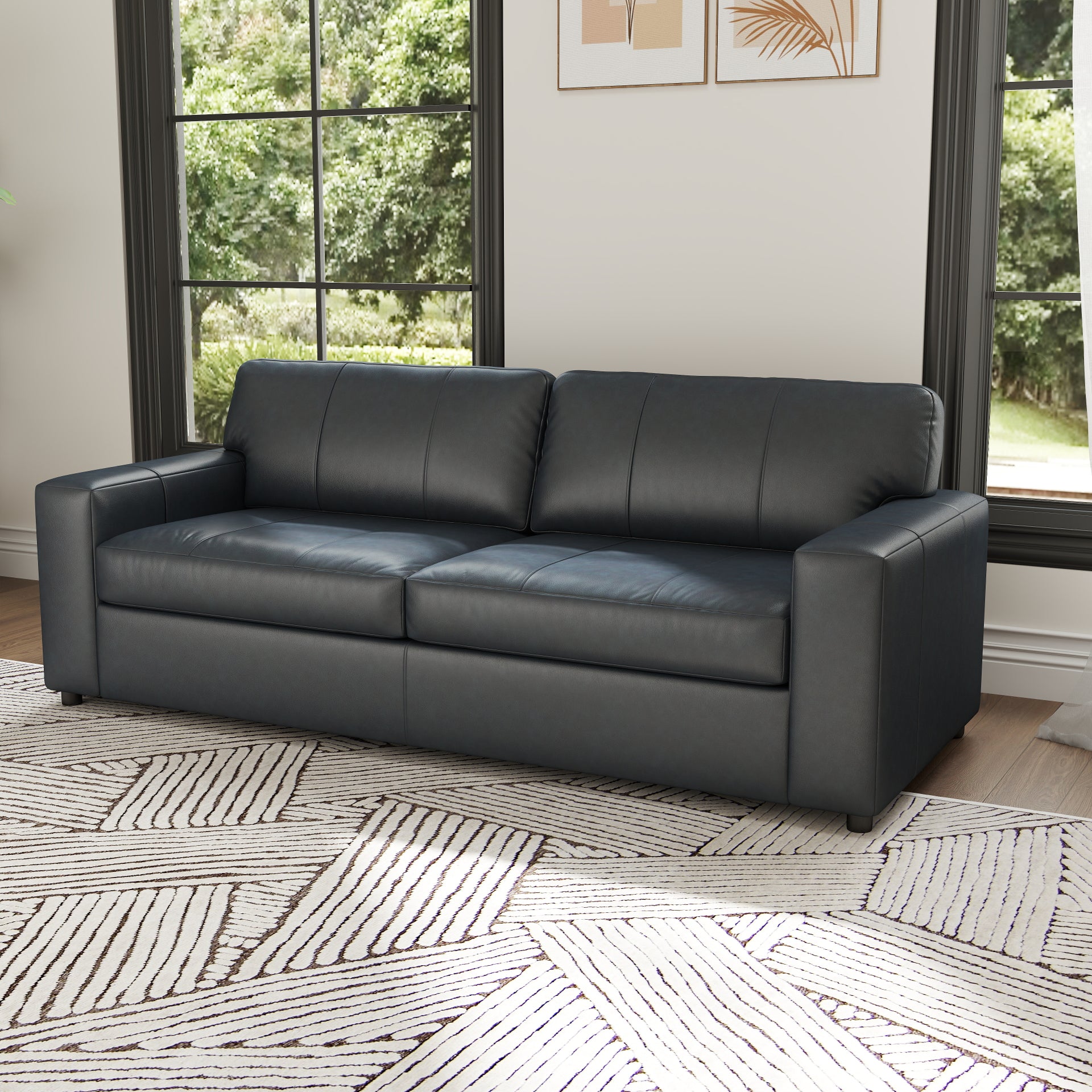 Roundhill Furniture Sakan Genuine Leather Upholstered Sofa - Modern Living Room Couch for Home, Office & Lounge Comfort