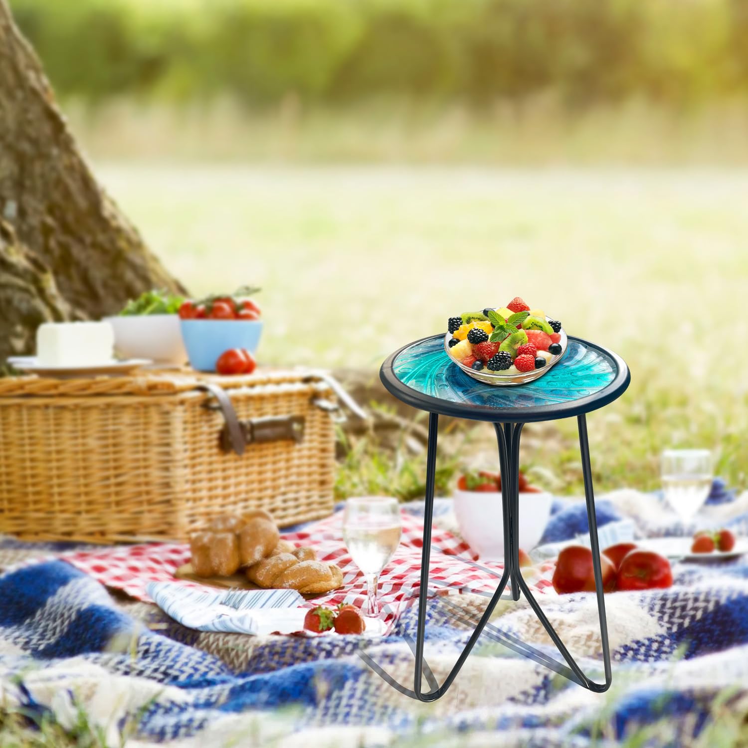 LIFFY 12-Inch Blue Glass Round Metal Patio Side Table - Small End Table for Outdoor, Porch, Balcony & Indoor Decor - Perfect for Coffee, Drinks & Plants